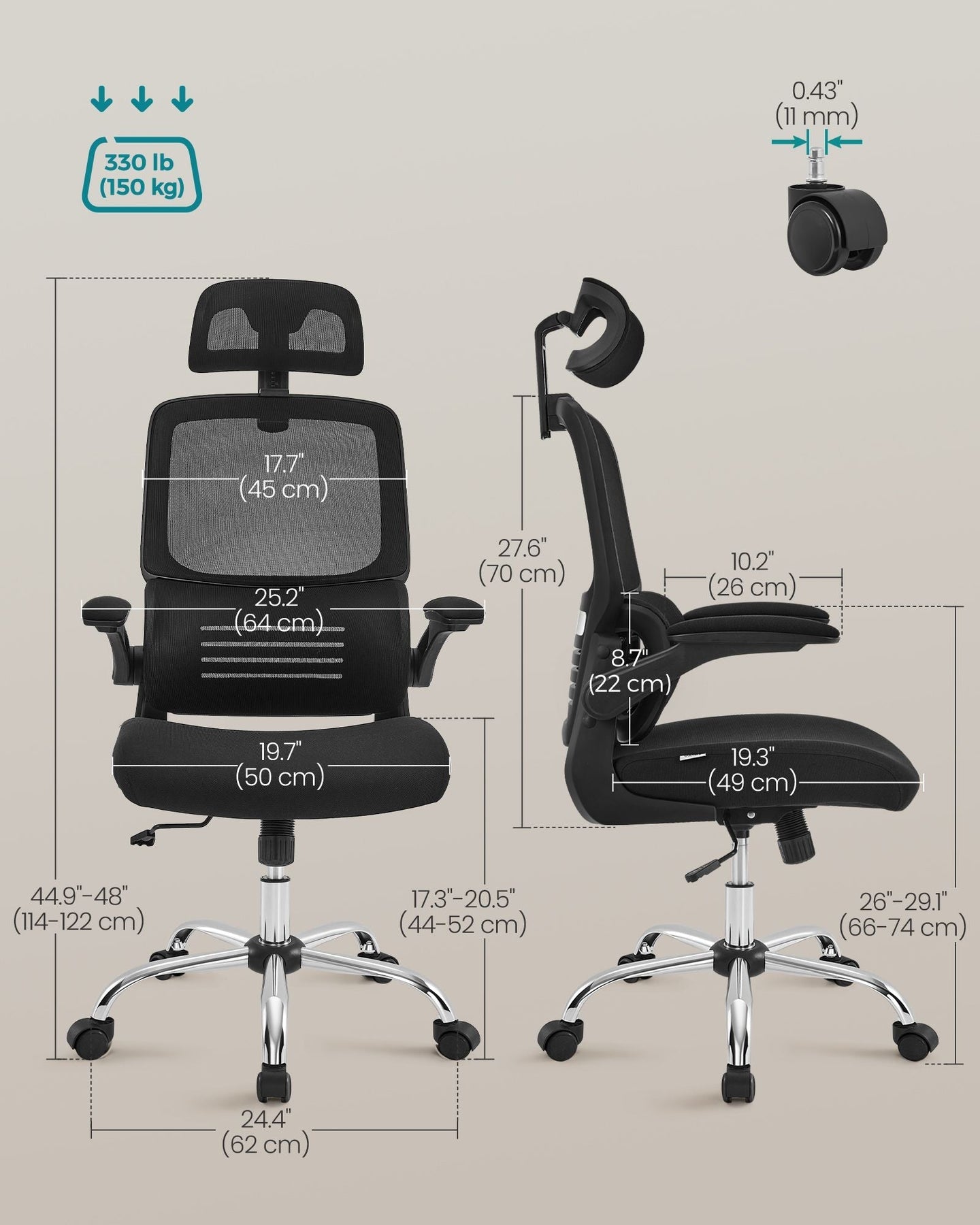 Ergonomic Office Chair - Mesh - Ink Black - High Back with Foldable Armrests and Adjustable Headrest