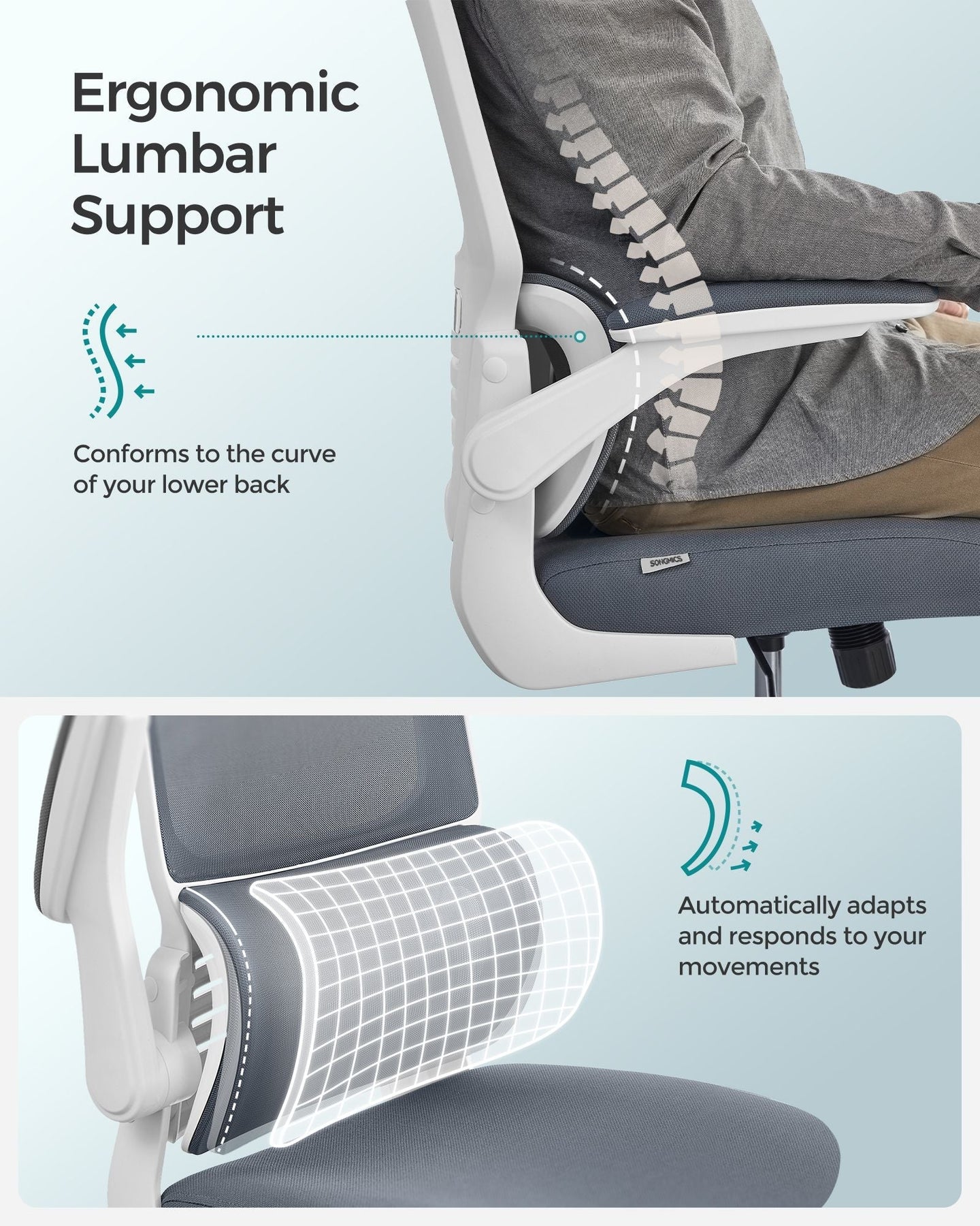 Ergonomic Office Chair - Mesh - Dove Grey - High Back with Lumbar Support and Foldable Armrests