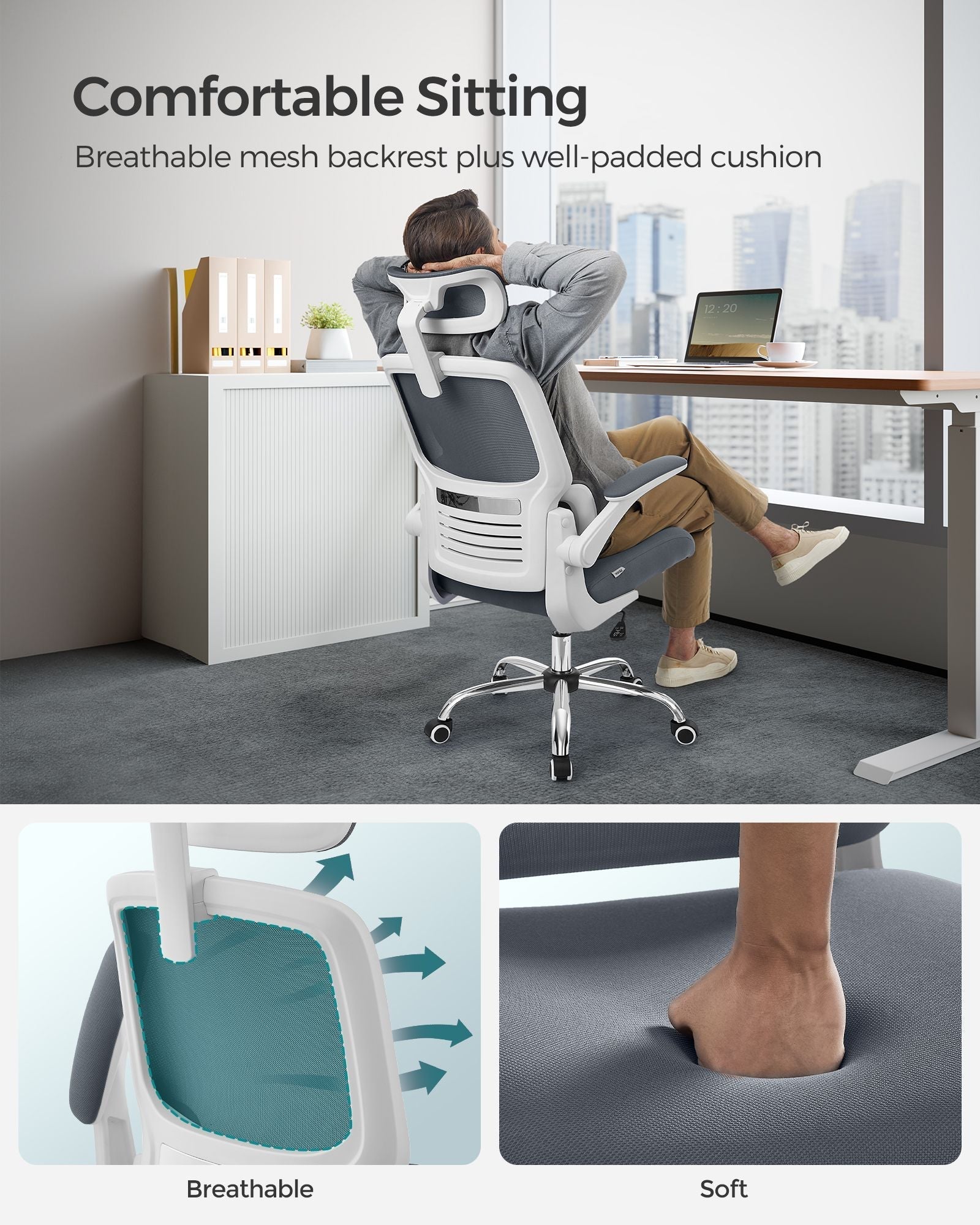 Ergonomic Office Chair - Mesh - Dove Grey - High Back with Lumbar Support and Foldable Armrests