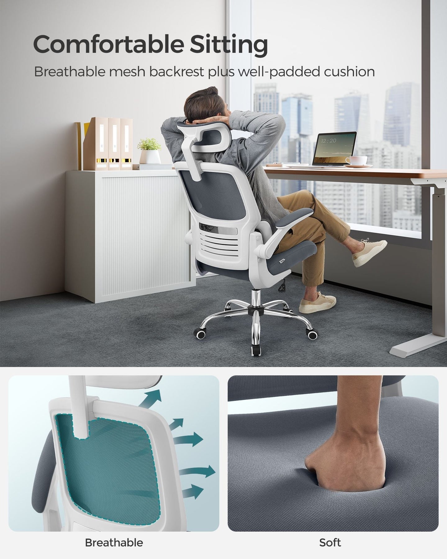Ergonomic Office Chair - Mesh - Dove Grey - High Back with Lumbar Support and Foldable Armrests