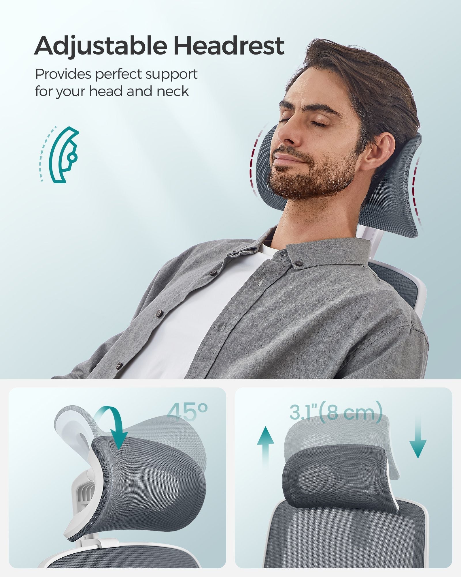 Ergonomic Office Chair - Mesh - Dove Grey - High Back with Lumbar Support and Foldable Armrests