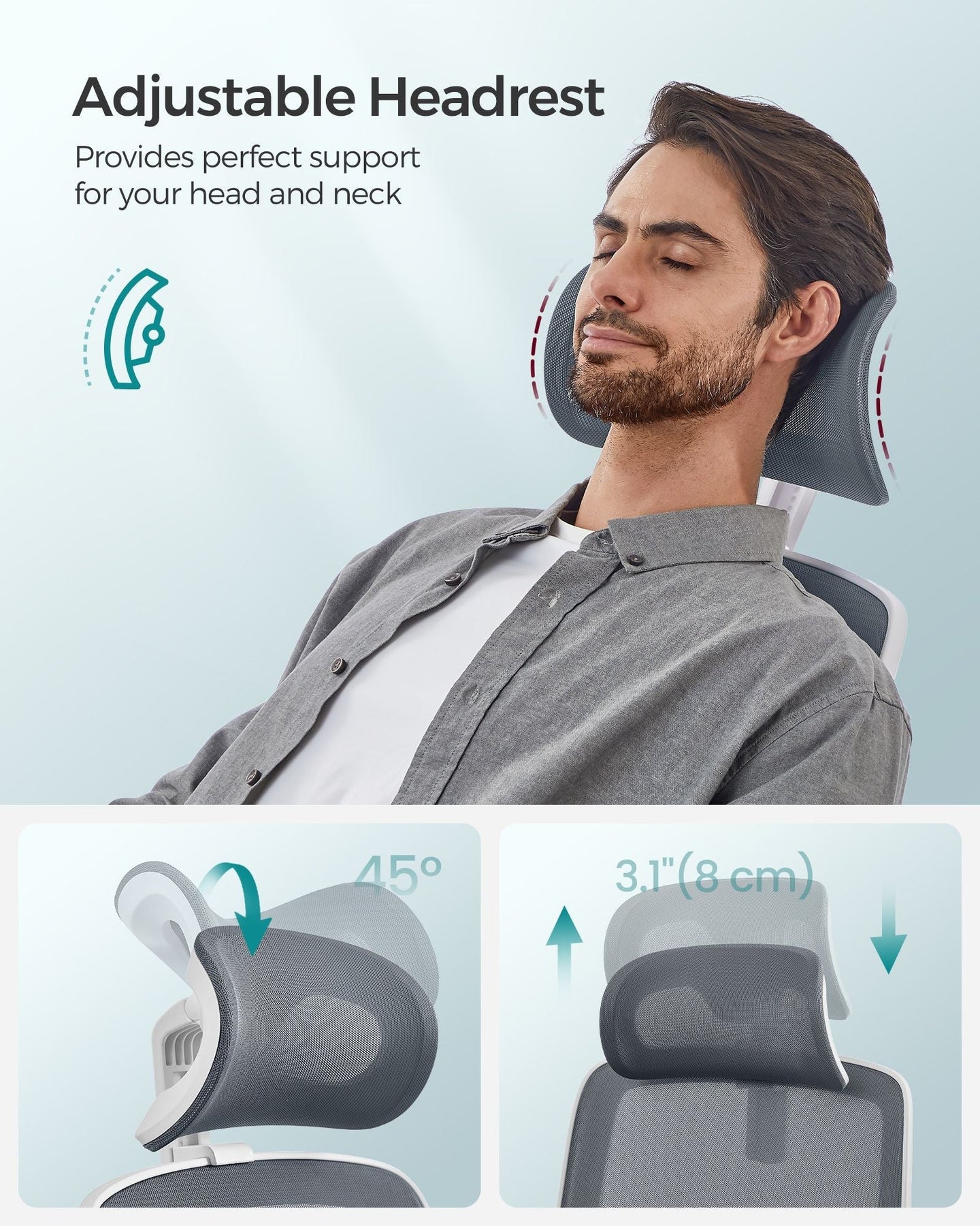 Ergonomic Office Chair - Mesh - Dove Grey - High Back with Lumbar Support and Foldable Armrests