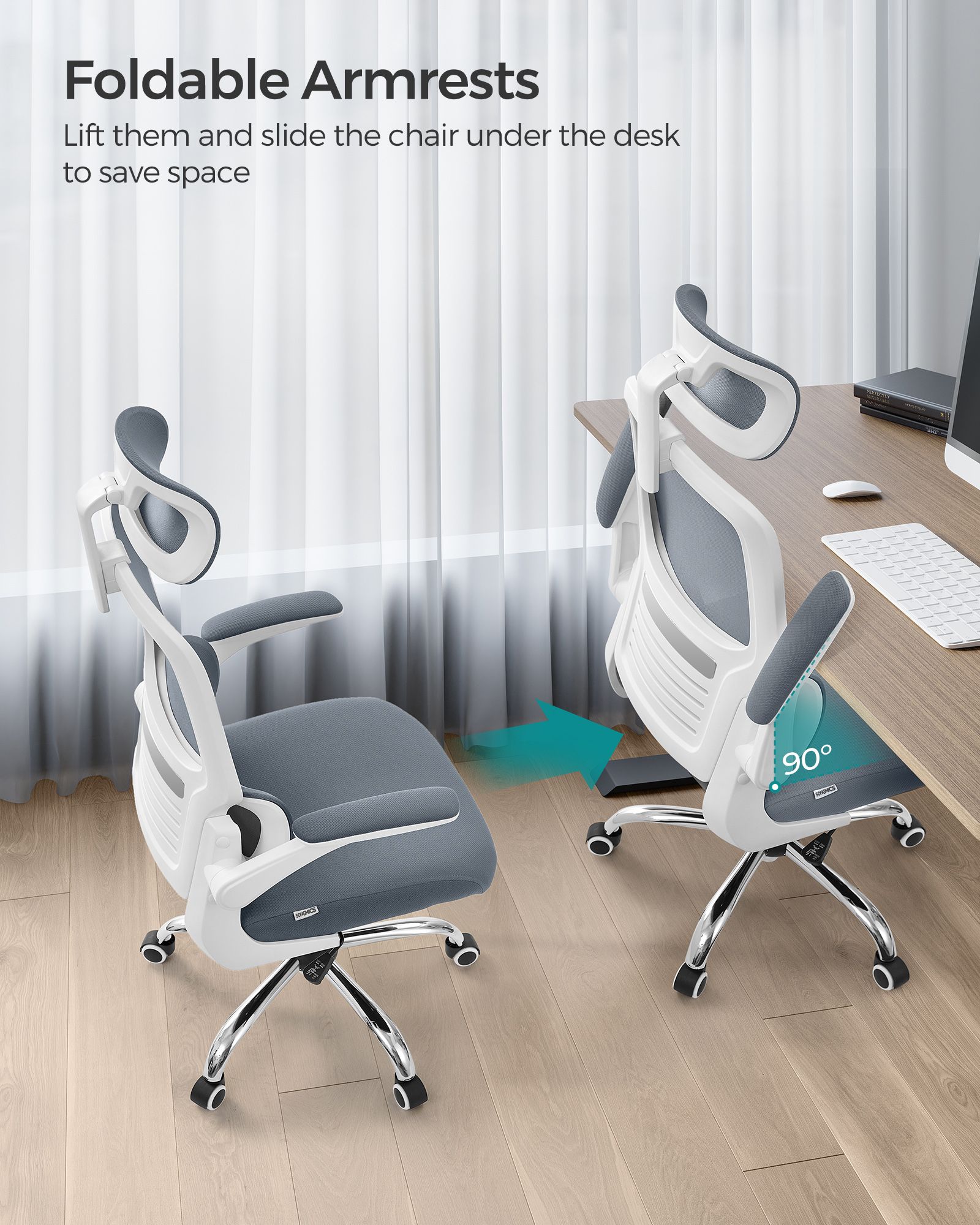 Ergonomic Office Chair - Mesh - Dove Grey - High Back with Lumbar Support and Foldable Armrests