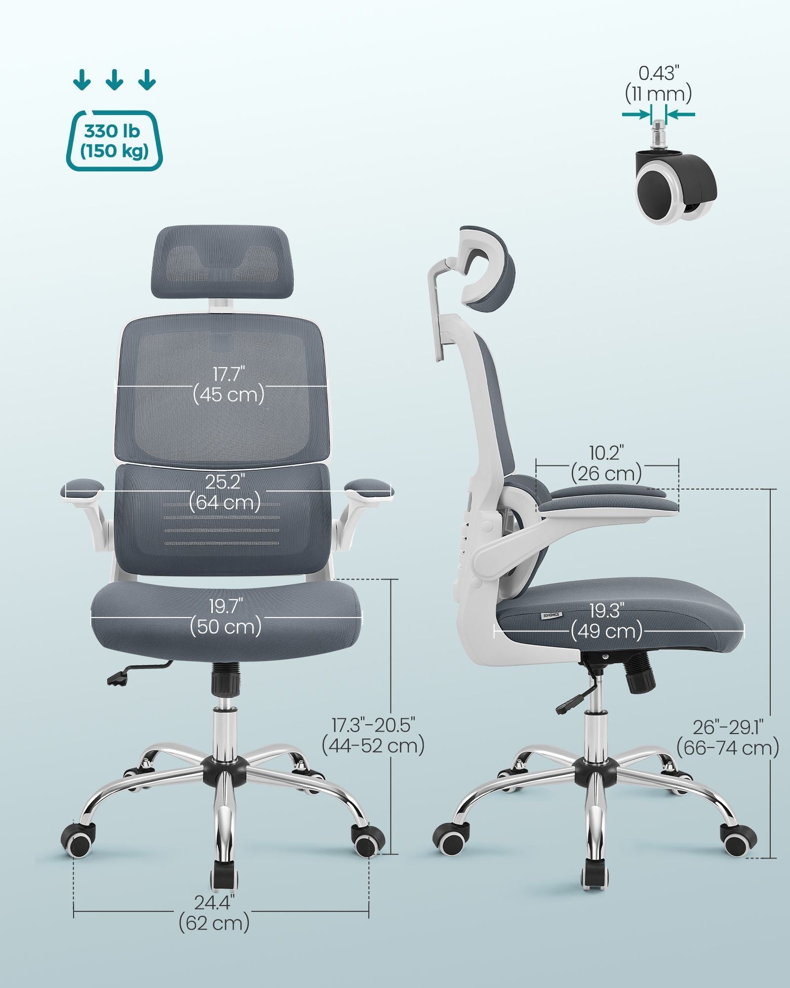 Ergonomic Office Chair - Mesh - Dove Grey - High Back with Lumbar Support and Foldable Armrests