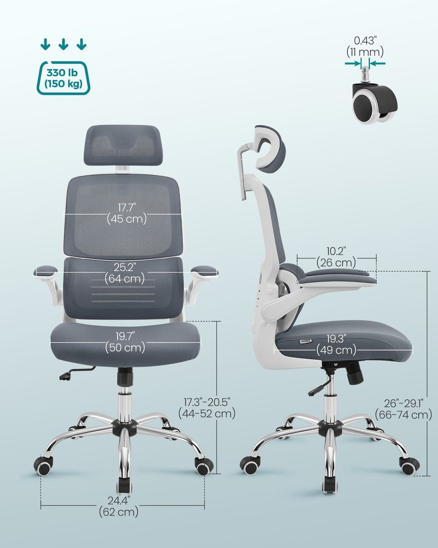 Ergonomic Office Chair - Mesh - Dove Grey - High Back with Lumbar Support and Foldable Armrests