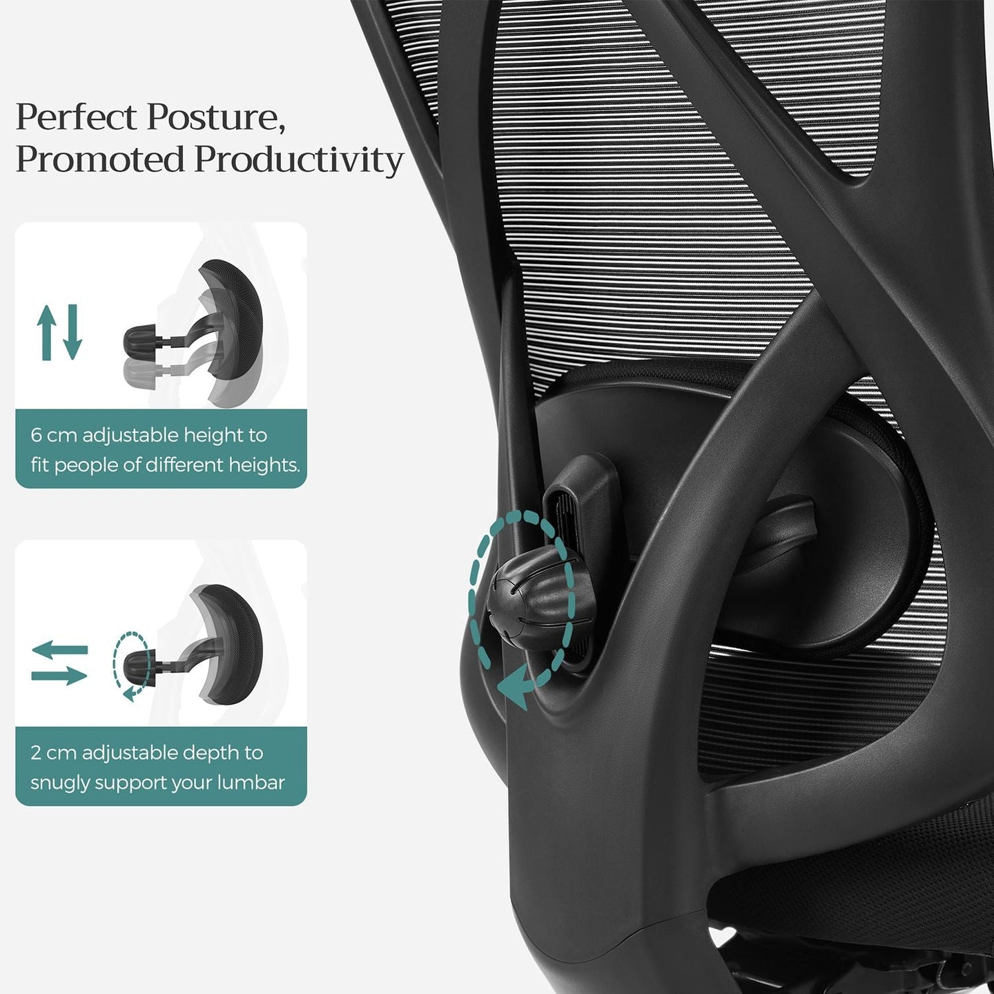 Ergonomic Office Chair - Mesh Fabric - Black - Adjustable Lumbar Support and Headrest