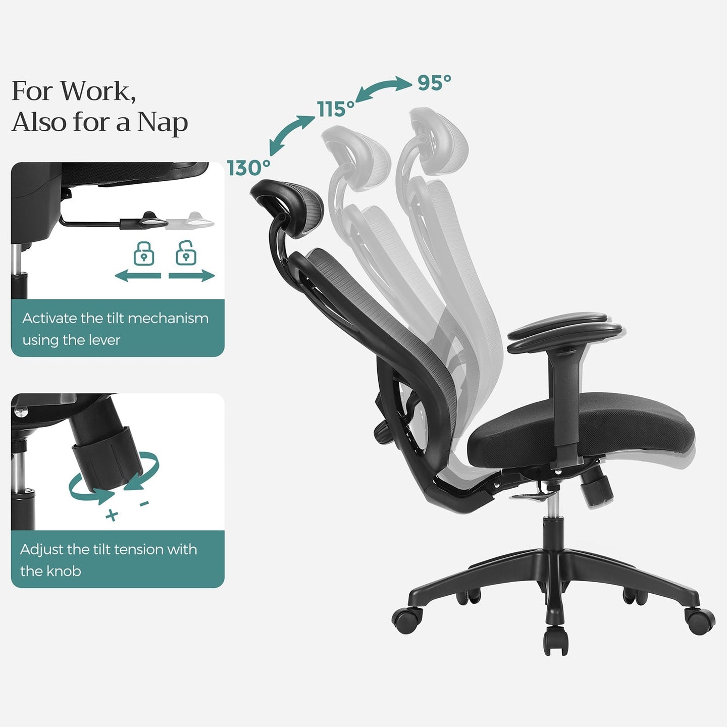 Ergonomic Office Chair - Mesh Fabric - Black - Adjustable Lumbar Support and Headrest