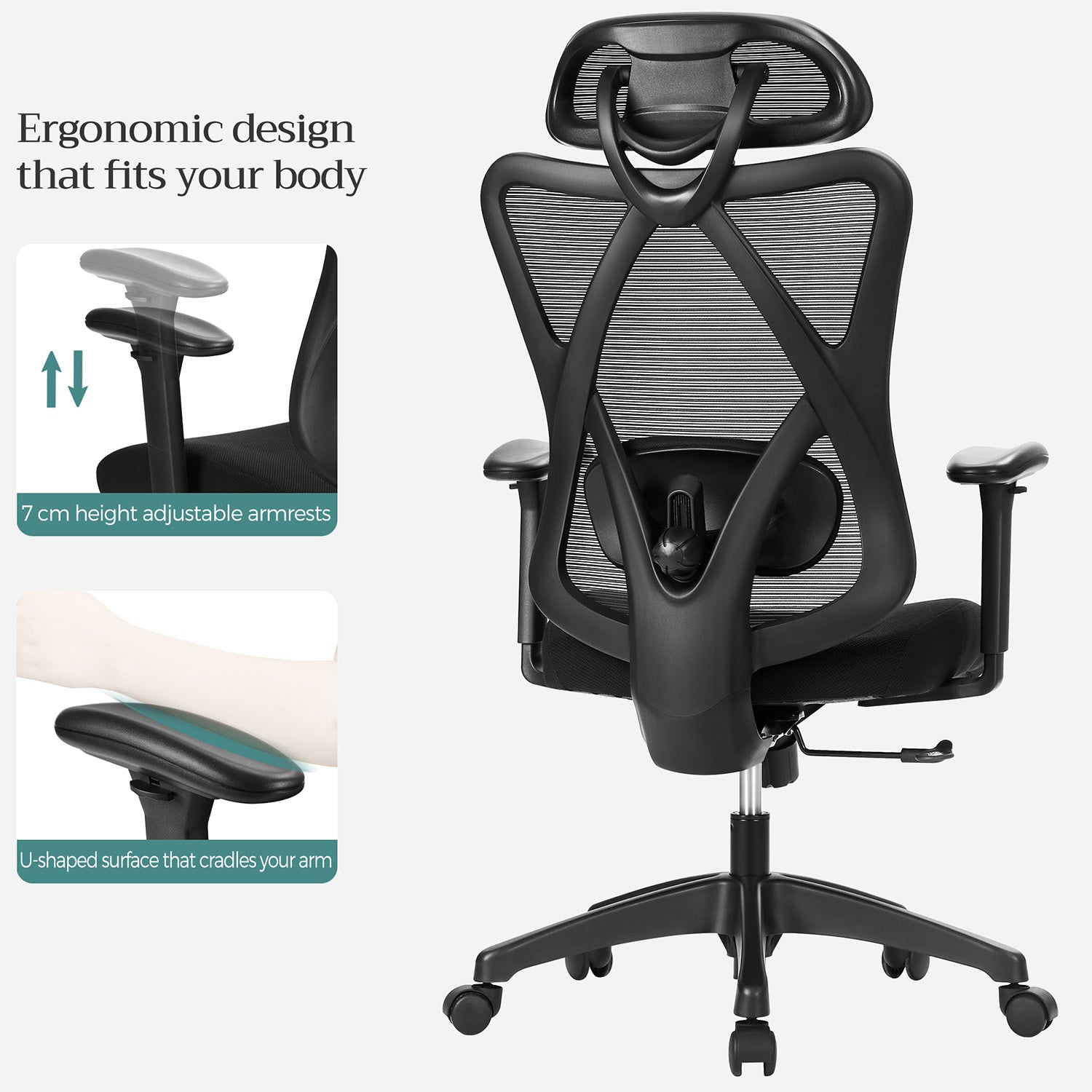 Ergonomic Office Chair - Mesh Fabric - Black - Adjustable Lumbar Support and Headrest