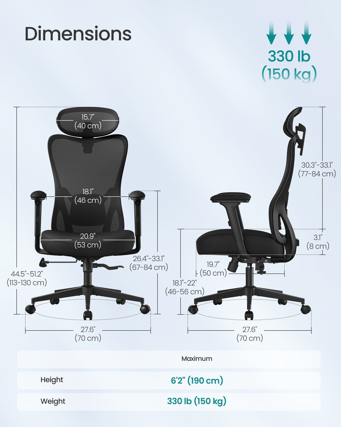 Ergonomic Office Chair - Fabric - Ink Black - Adjustable Lumbar Support and Headrest