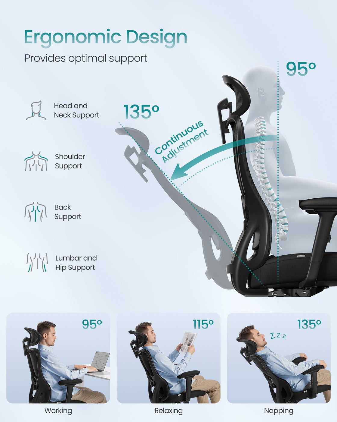 Ergonomic Office Chair - Fabric - Ink Black - Adjustable Lumbar Support and Headrest