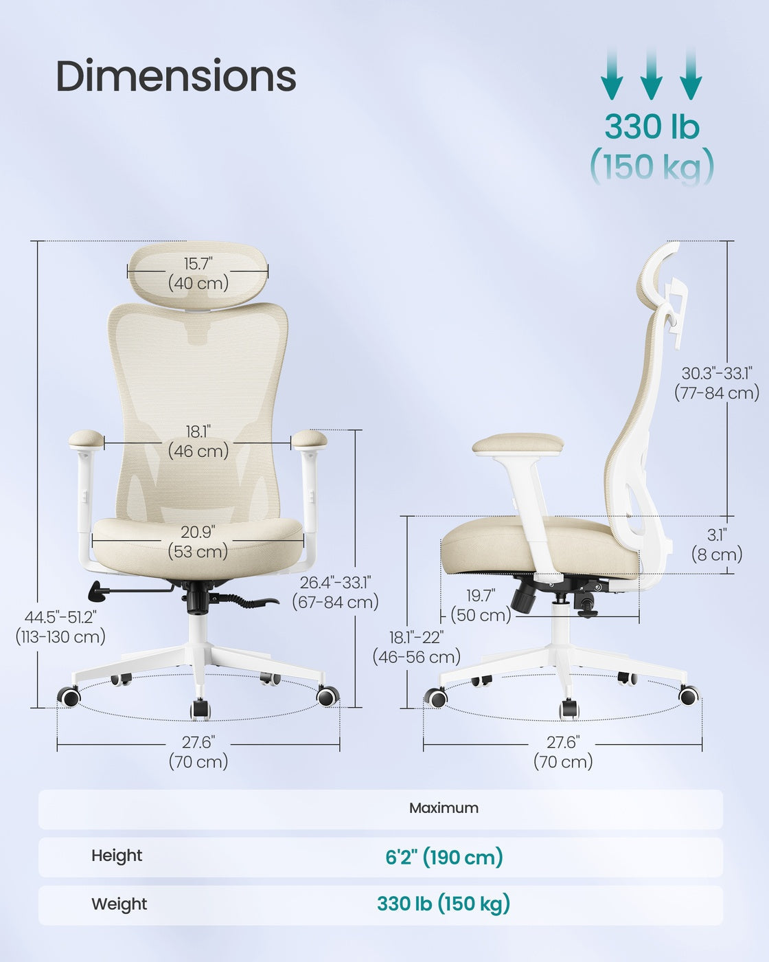 Ergonomic Office Chair - Fabric - Ink Black - Adjustable Lumbar Support and Headrest