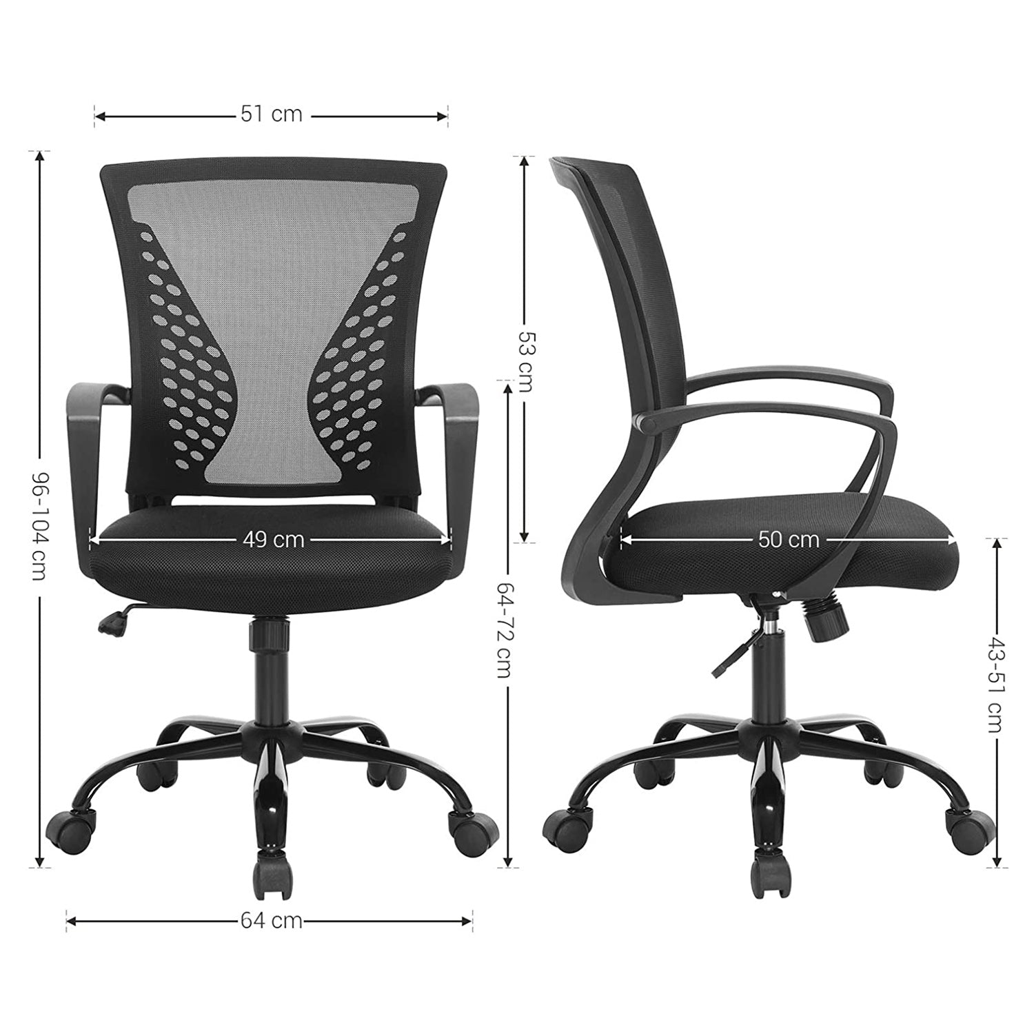 Swivel Mesh Office Chair - Mesh - Black - Height Adjustable with Tilt Function