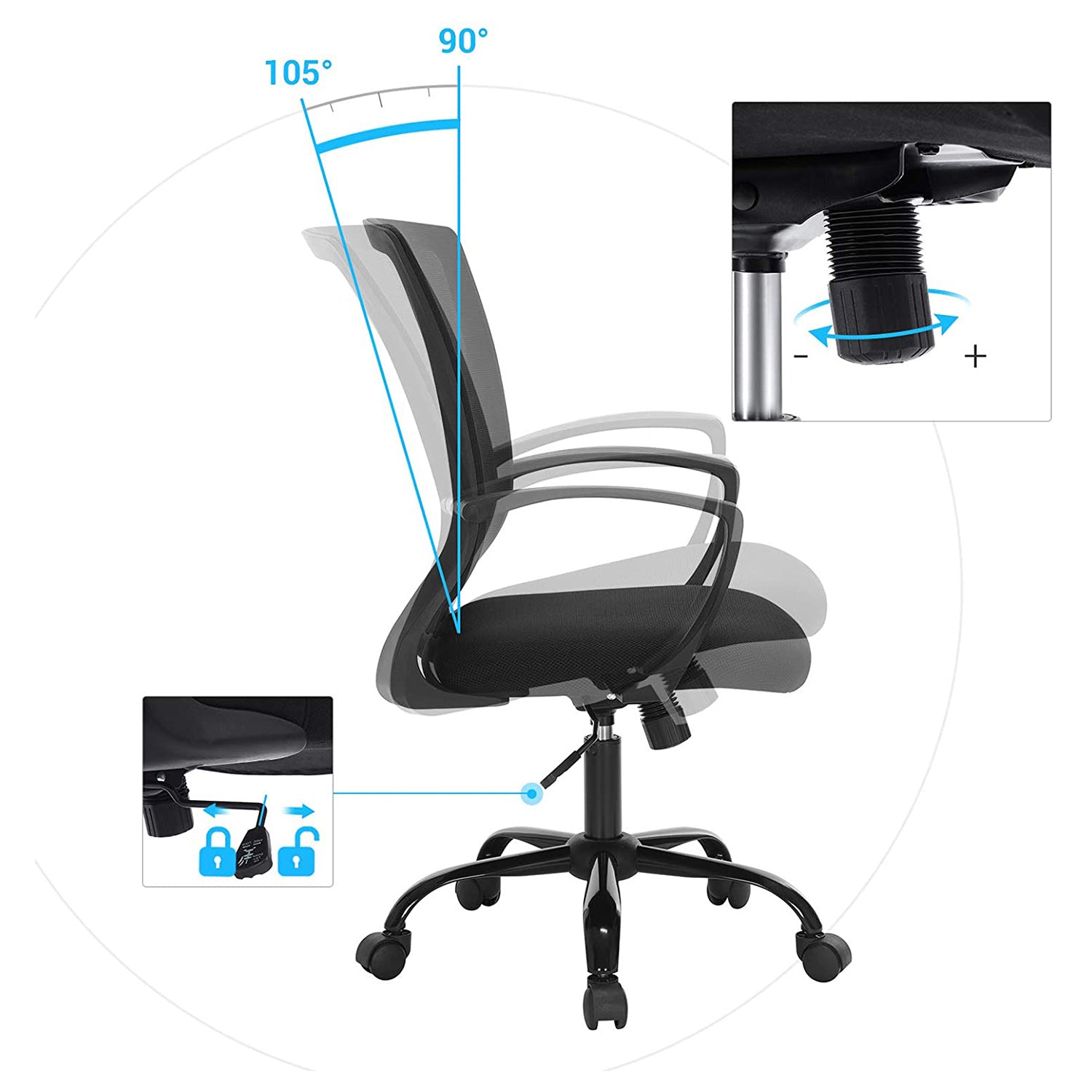 Swivel Mesh Office Chair - Mesh - Black - Height Adjustable with Tilt Function