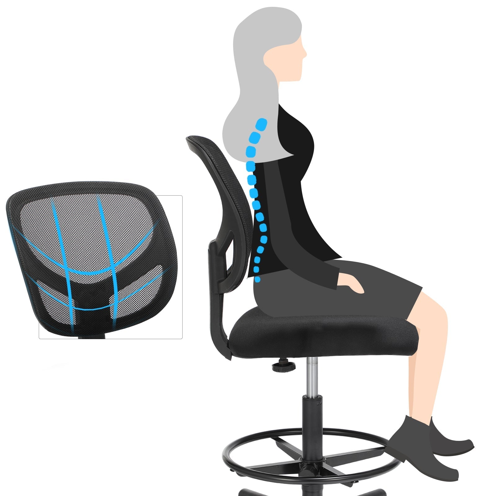 Drafting Stools - Mesh - Black - Ergonomic Design with Adjustable Height Footrest