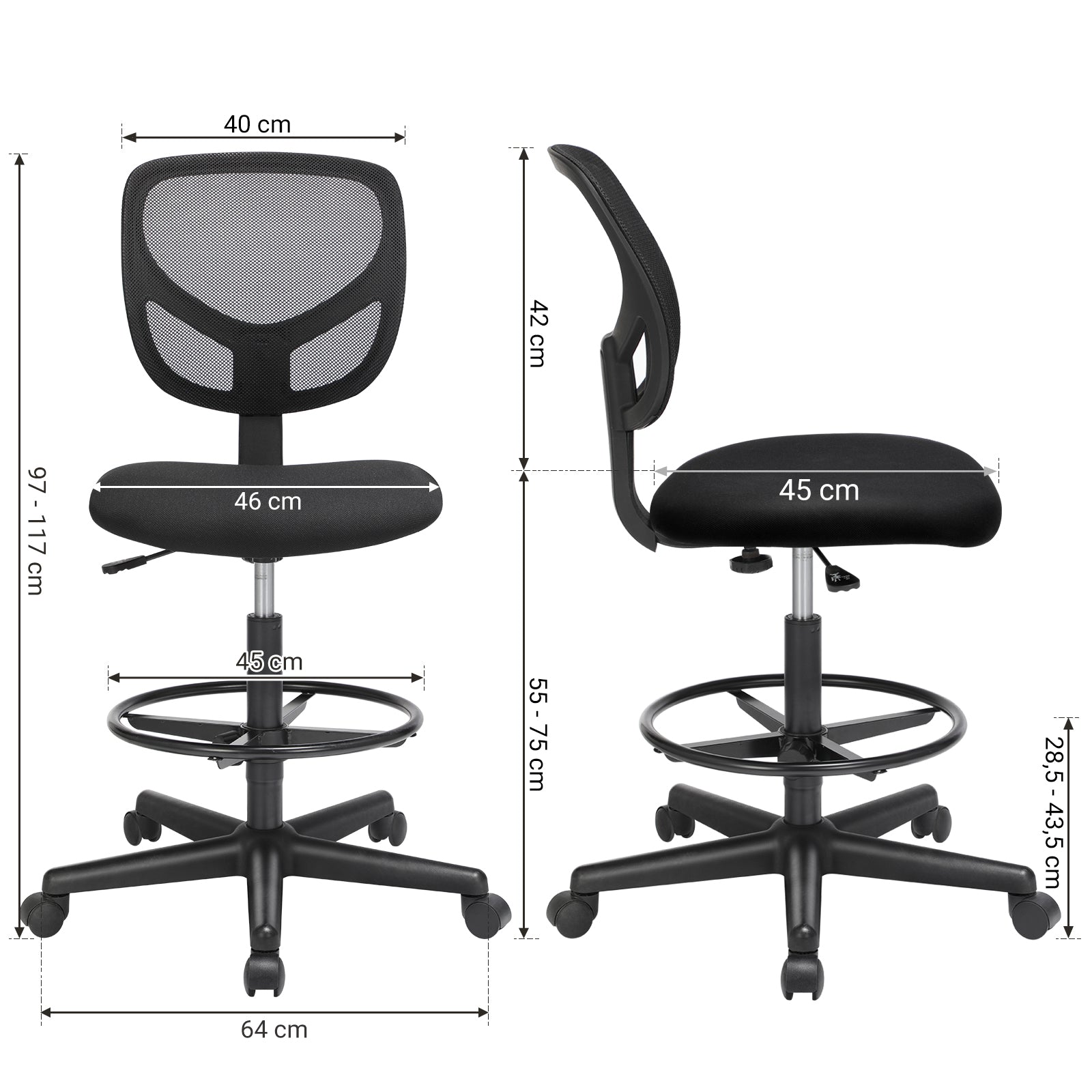 Drafting Stools - Mesh - Black - Ergonomic Design with Adjustable Height Footrest