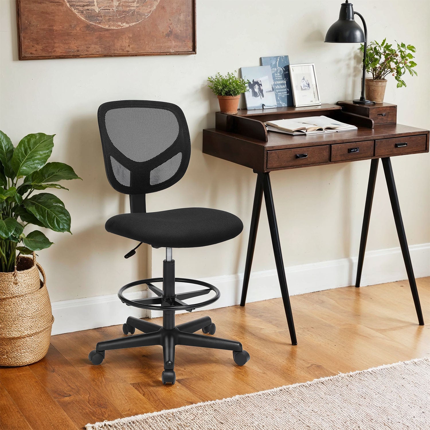 Drafting Stool Chair - Mesh - Black - Ergonomic Design with Adjustable Footrest