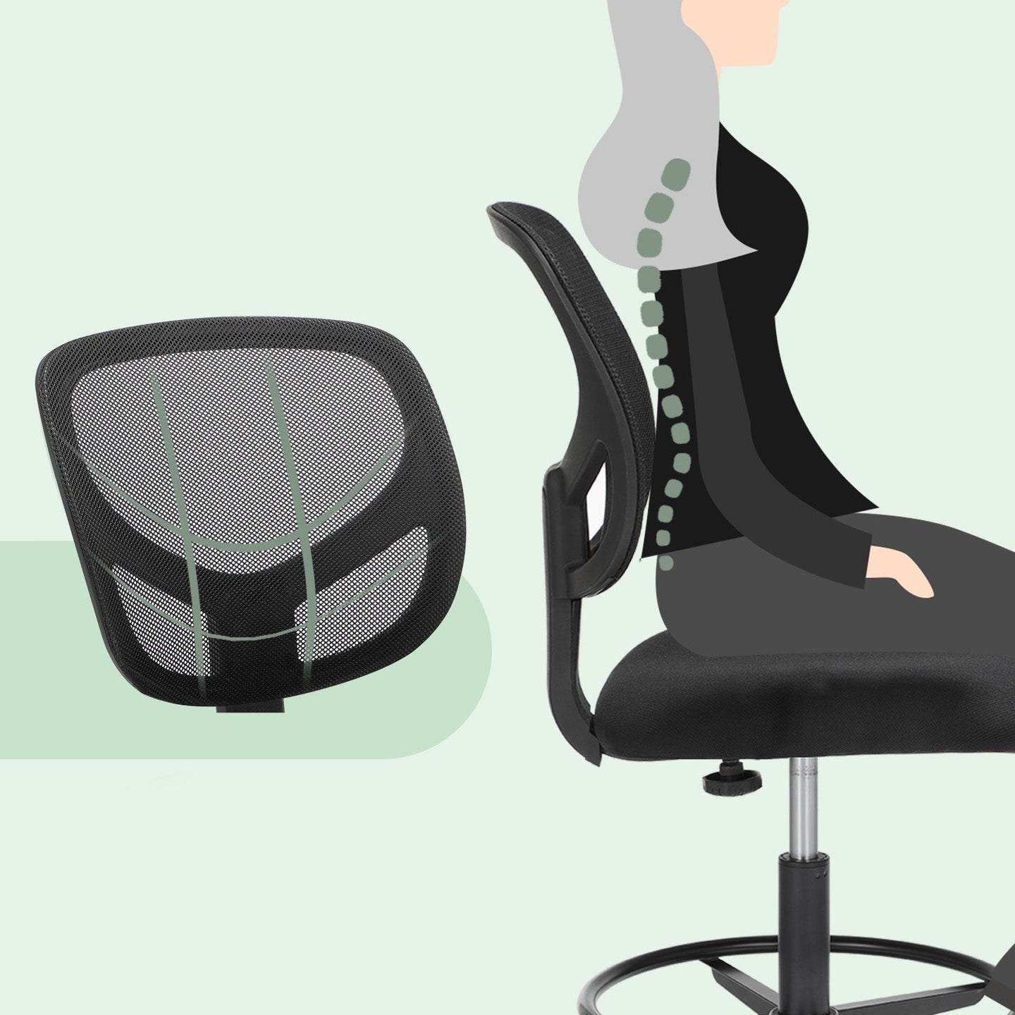 Drafting Stool Chair - Mesh - Black - Ergonomic Design with Adjustable Footrest