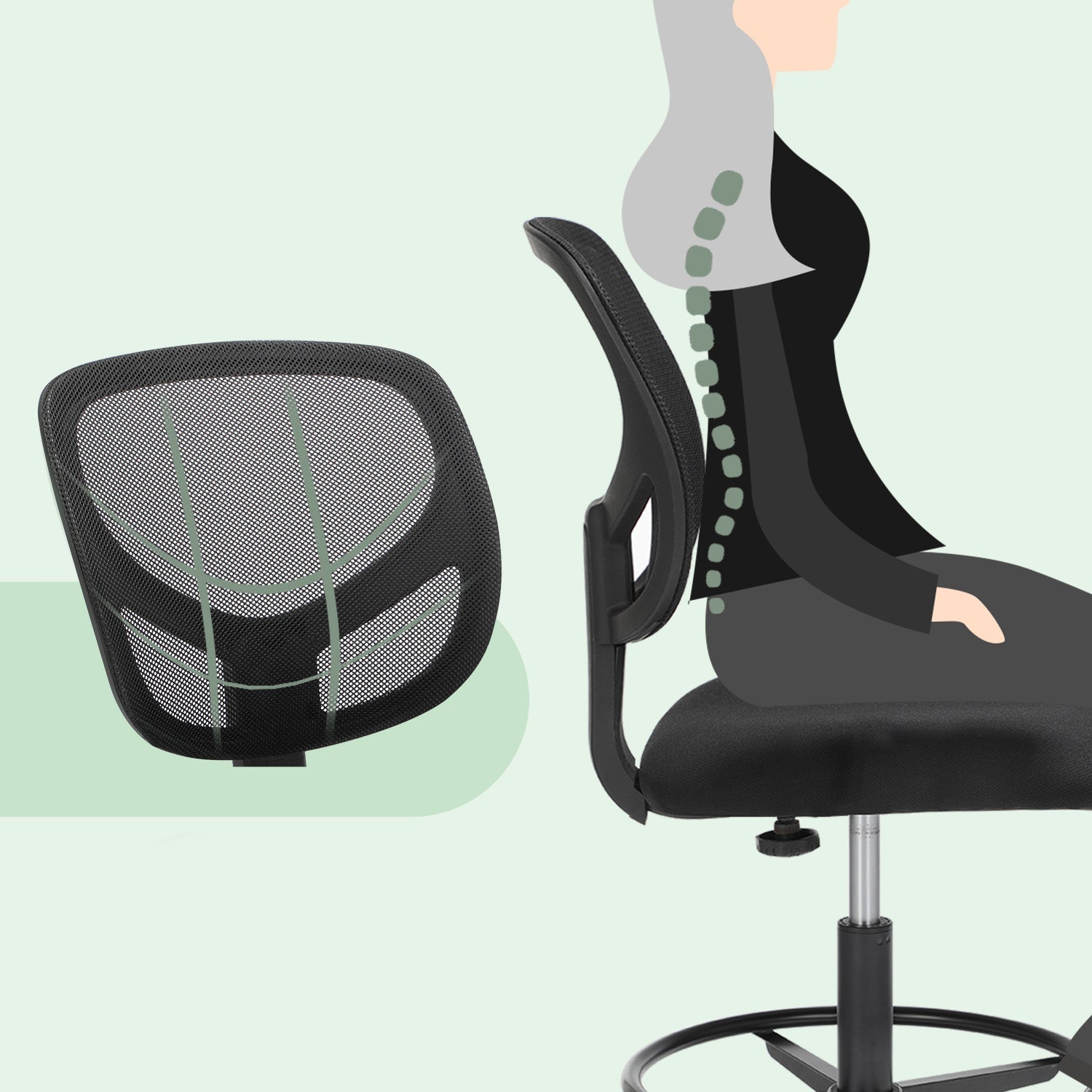 Drafting Stool Chair - Mesh - Black - Ergonomic Design with Adjustable Footrest