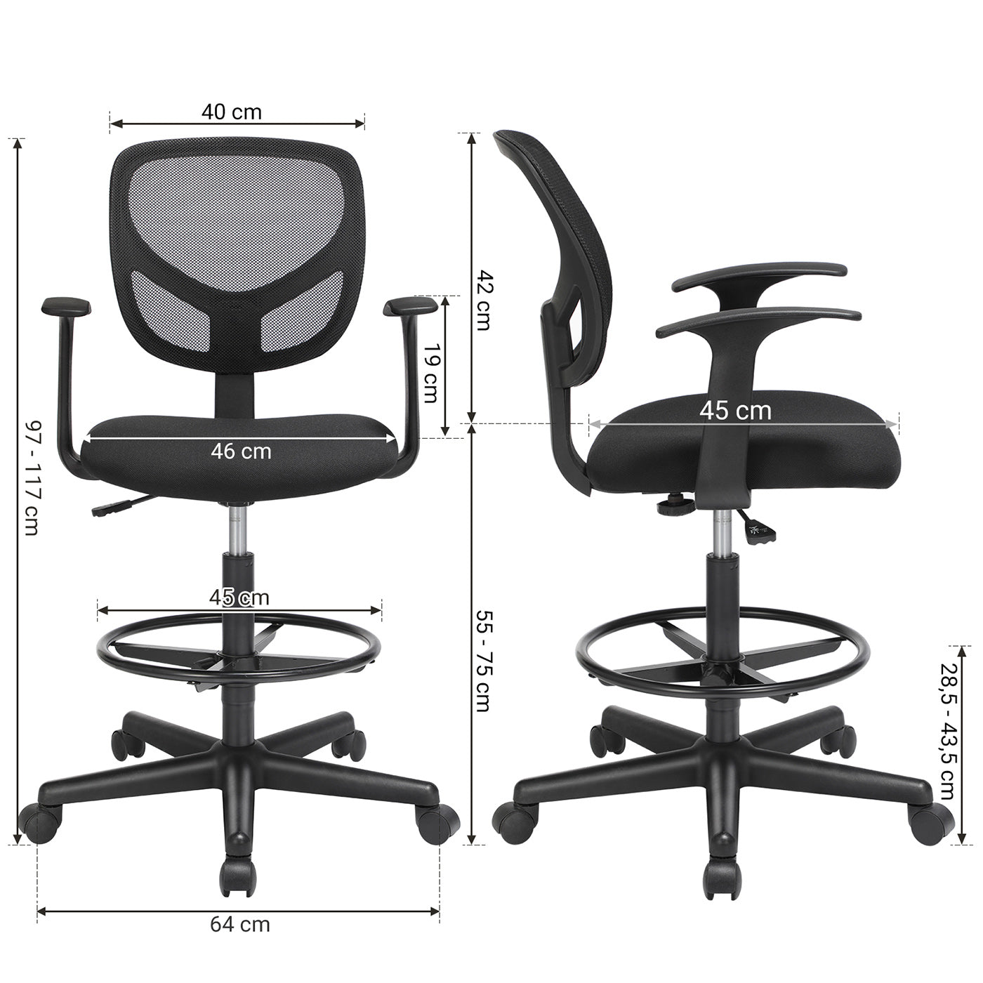 Drafting Stool - Mesh - Black - Ergonomic Design with Height Adjustable Footrest and 360° Swivel