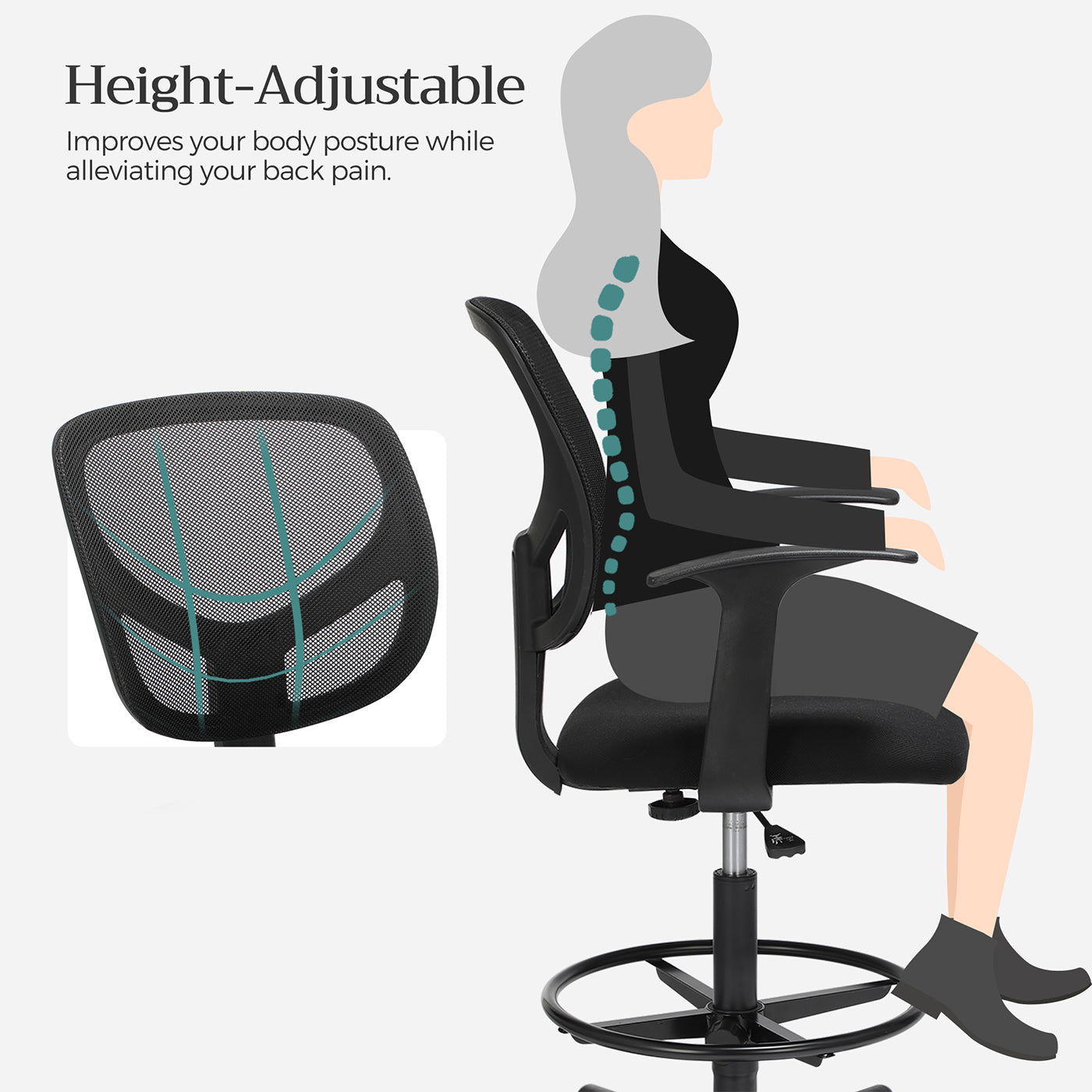 Drafting Stool - Mesh - Black - Ergonomic Design with Height Adjustable Footrest and 360° Swivel