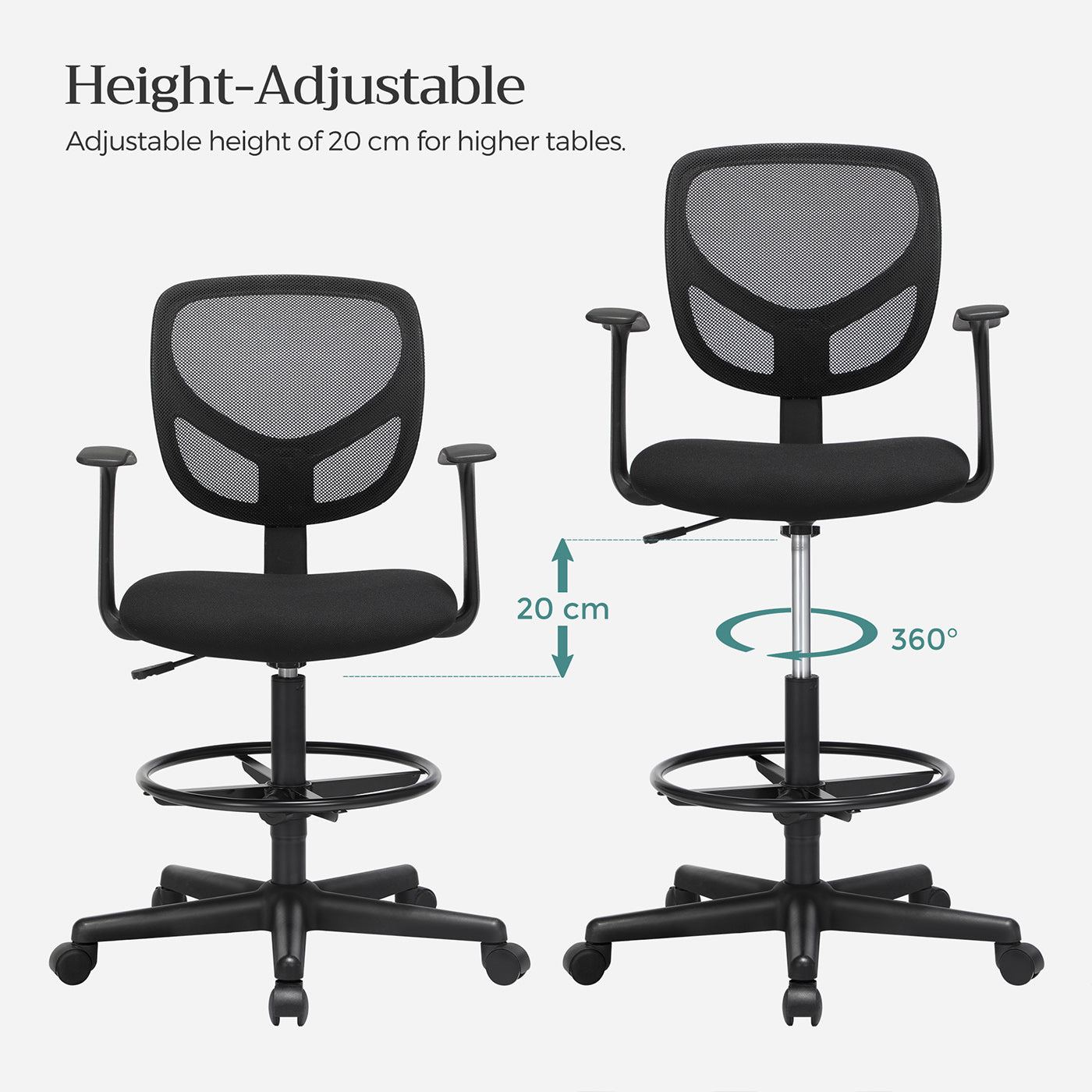 Drafting Stool - Mesh - Black - Ergonomic Design with Height Adjustable Footrest and 360° Swivel