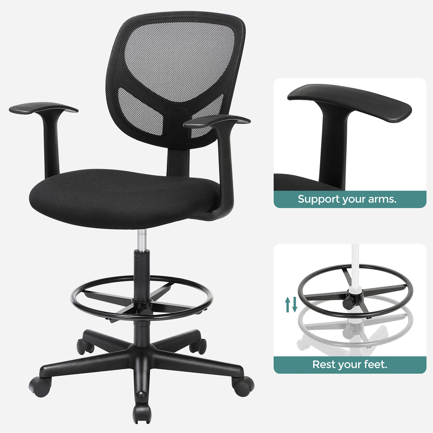 Drafting Stool - Mesh - Black - Ergonomic Design with Height Adjustable Footrest and 360° Swivel