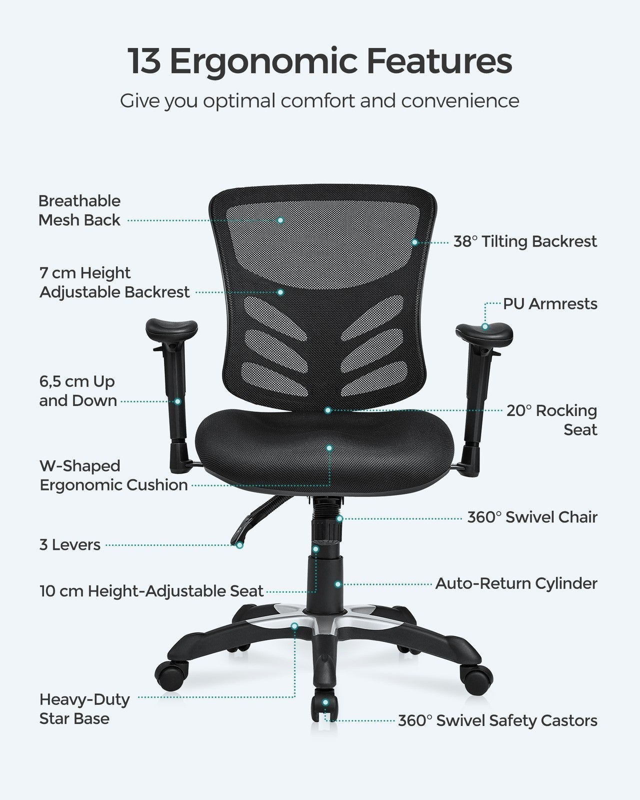 Ergonomic Mesh Office Chair - Mesh - Black - Adjustable Armrests