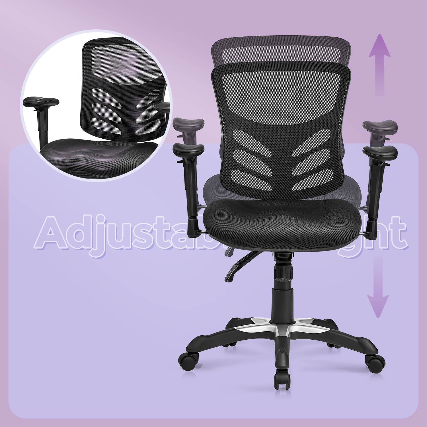 Ergonomic Mesh Office Chair - Mesh - Black - Adjustable Height and Armrests with Lumbar Support