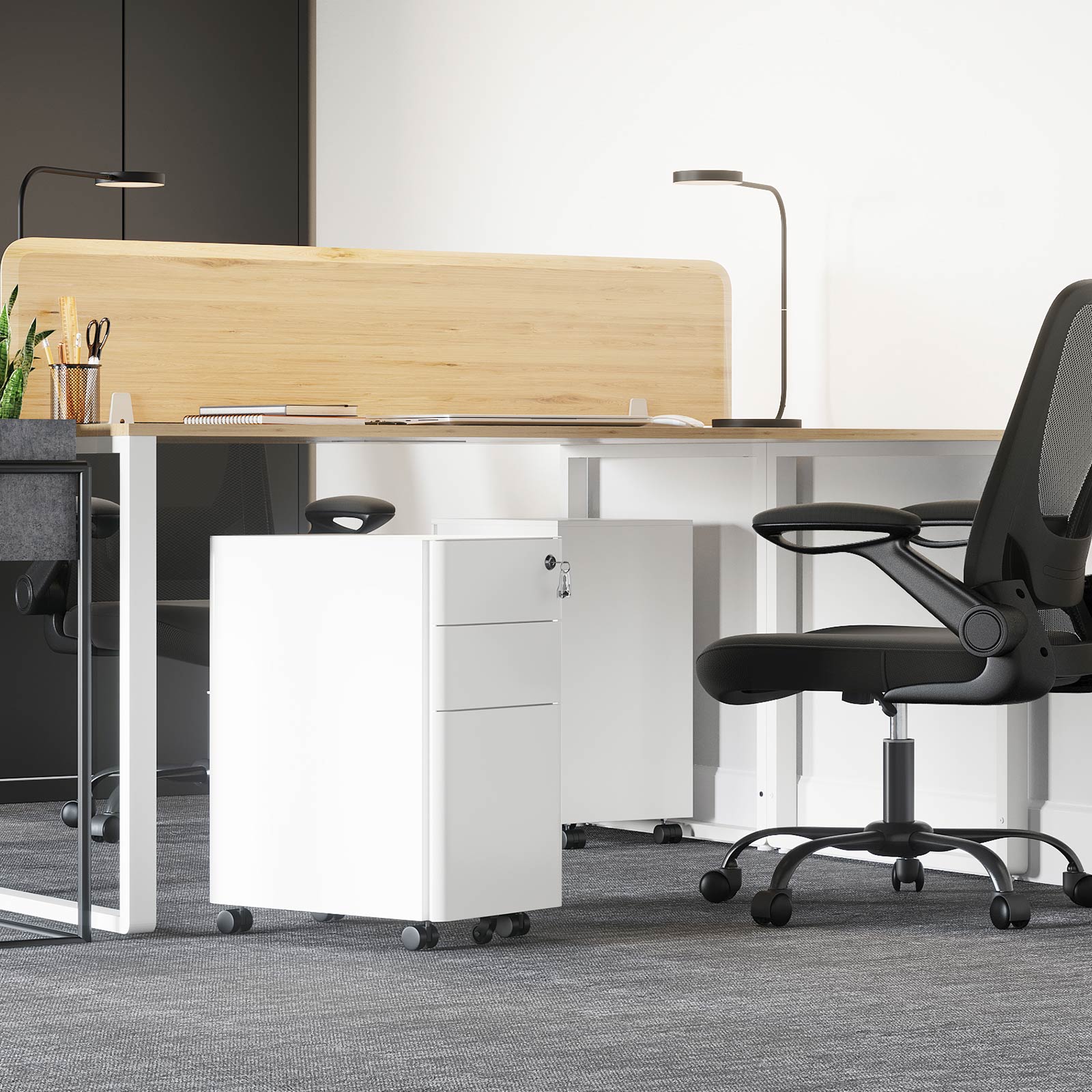 Mobile Filing Cabinet - Wood - White - Lockable with Wheels for A4