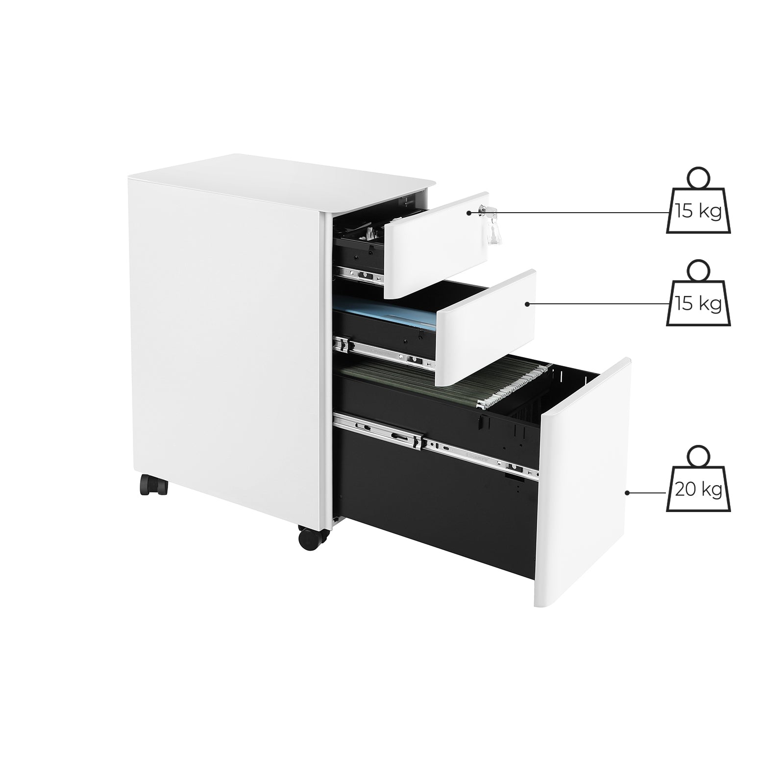 Mobile Filing Cabinet - Wood - White - Lockable with Wheels for A4