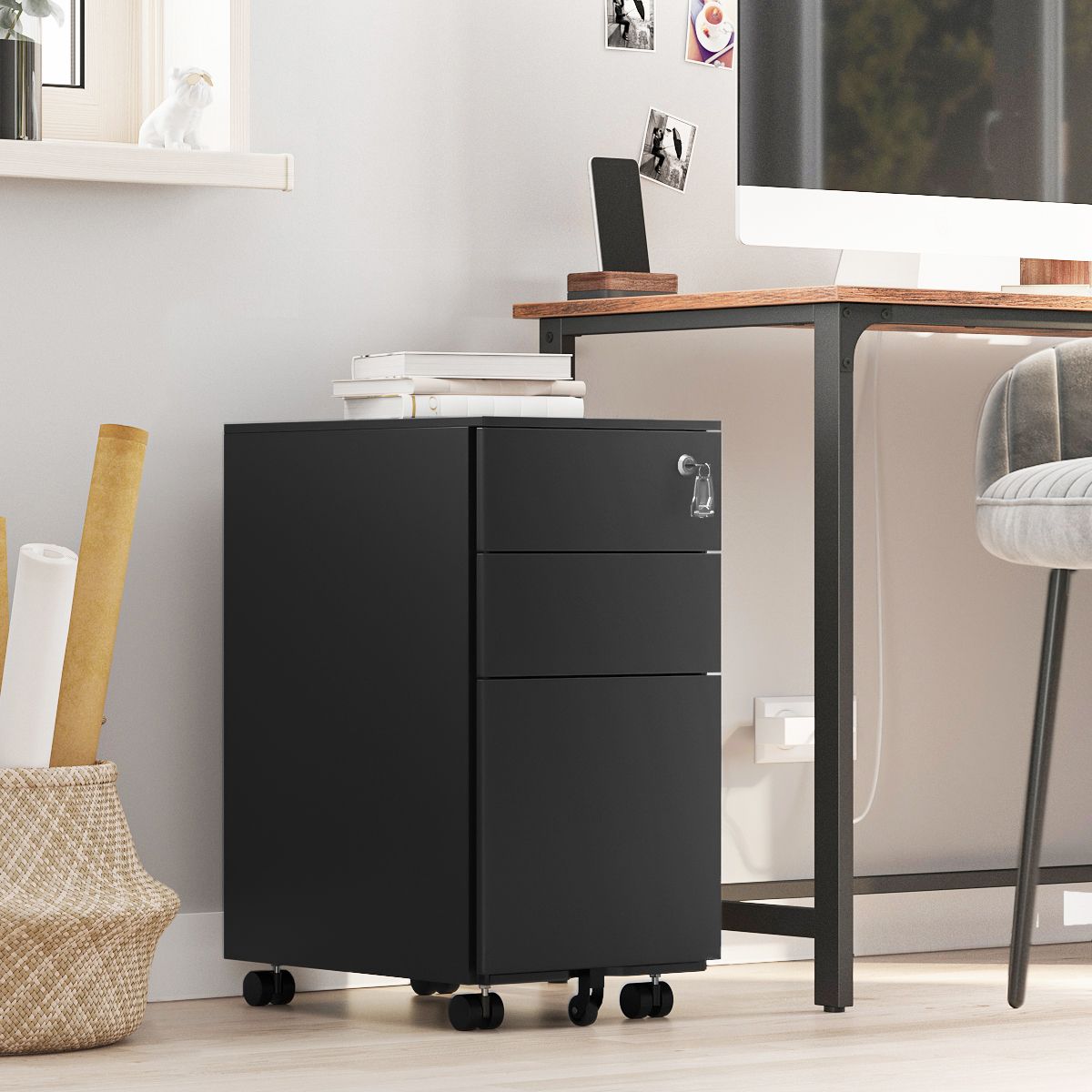 Mobile File Cabinet - Wood - White - Lockable with Wheels