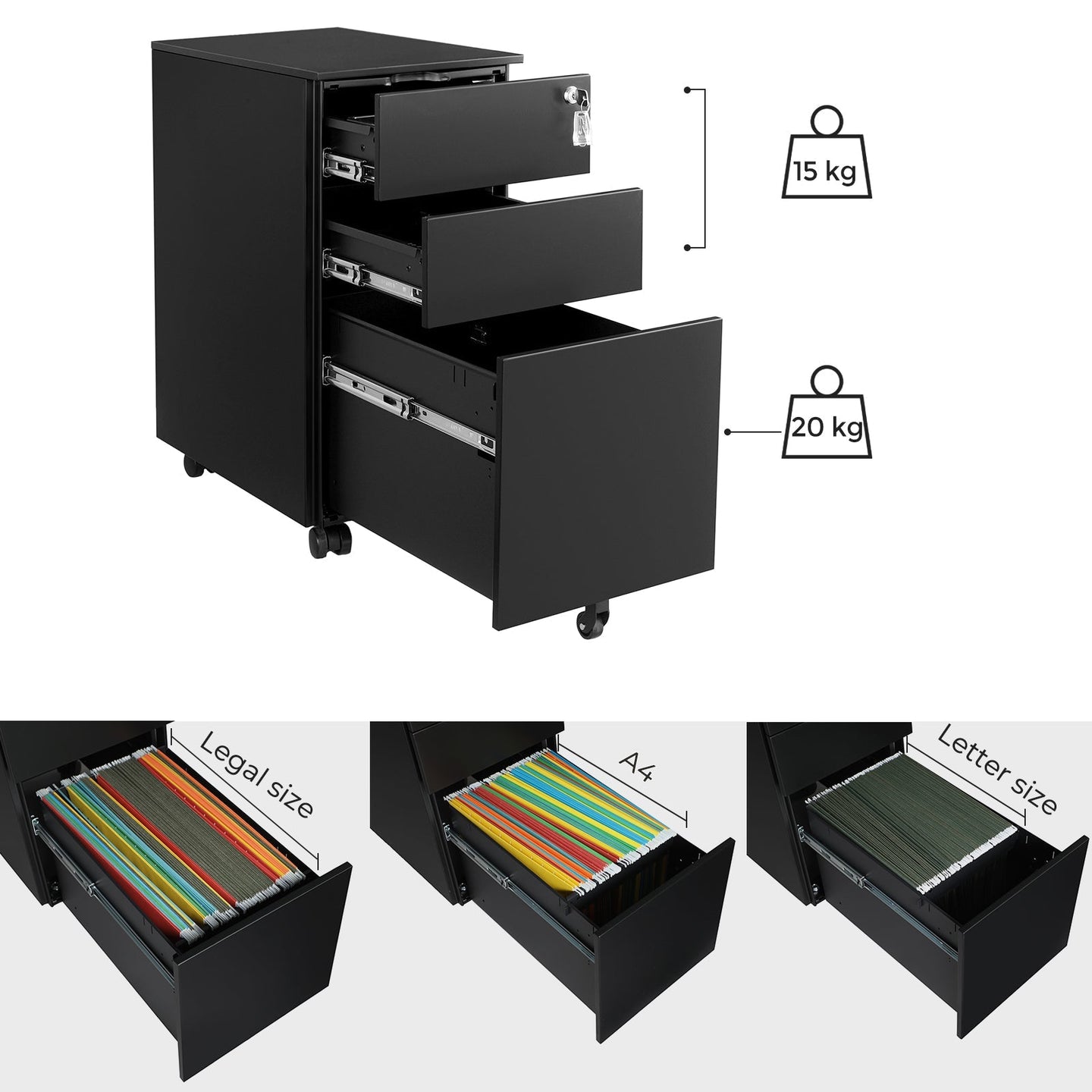 Mobile File Cabinet - Wood - White - Lockable with Wheels