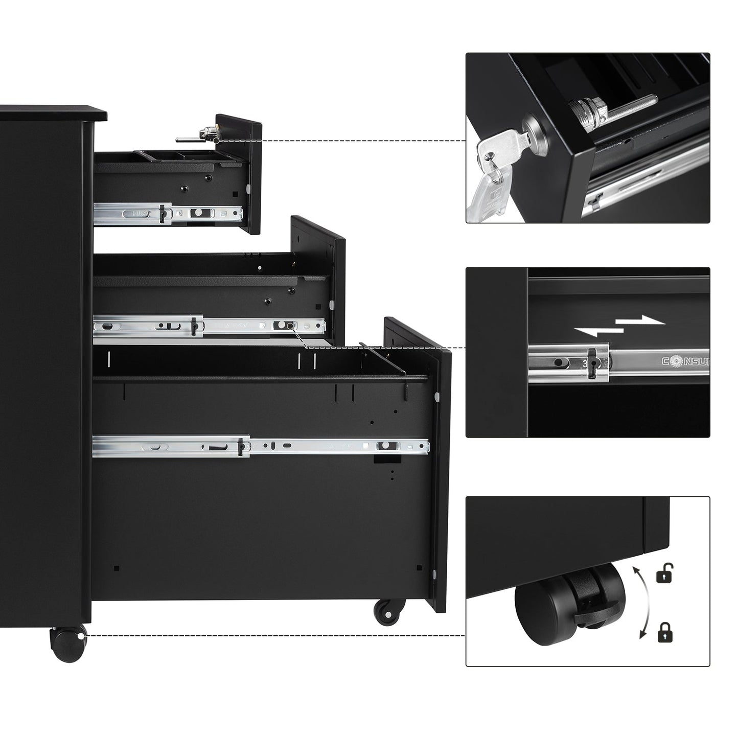 Mobile File Cabinet - Wood - White - Lockable with Wheels