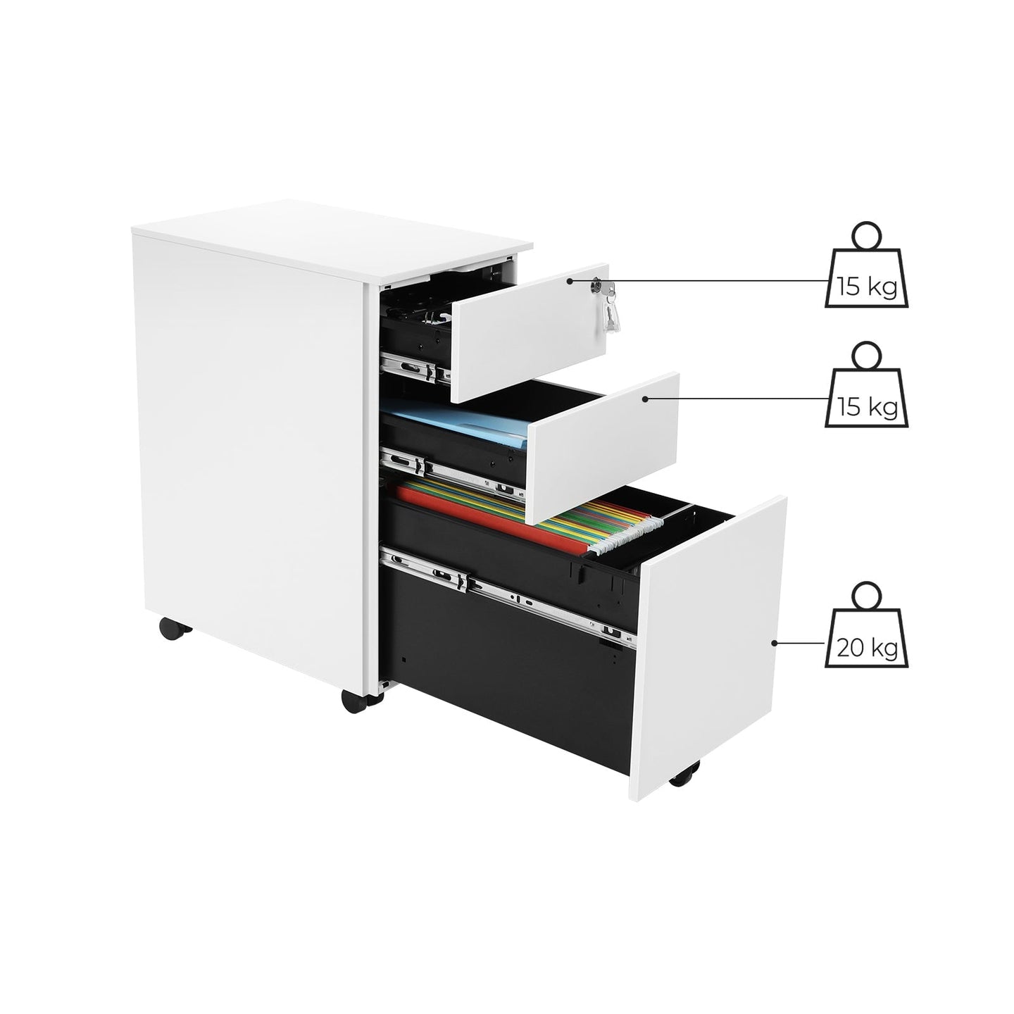 Mobile File Cabinet - Metal - White - Lockable with Wheels