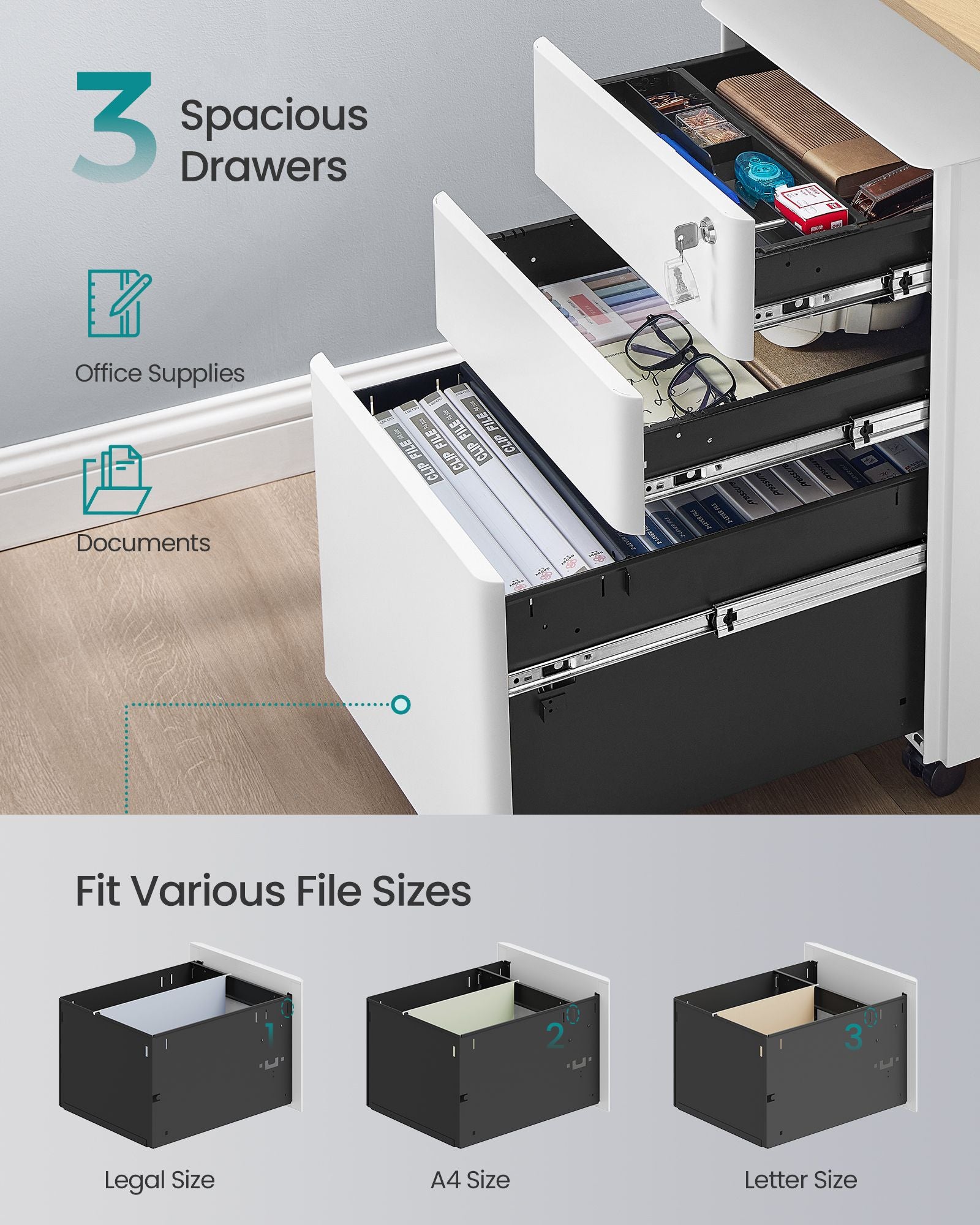 Filing Cabinet - Lockable with Drawers - Matte White - 39 x 50 x 59 cm
