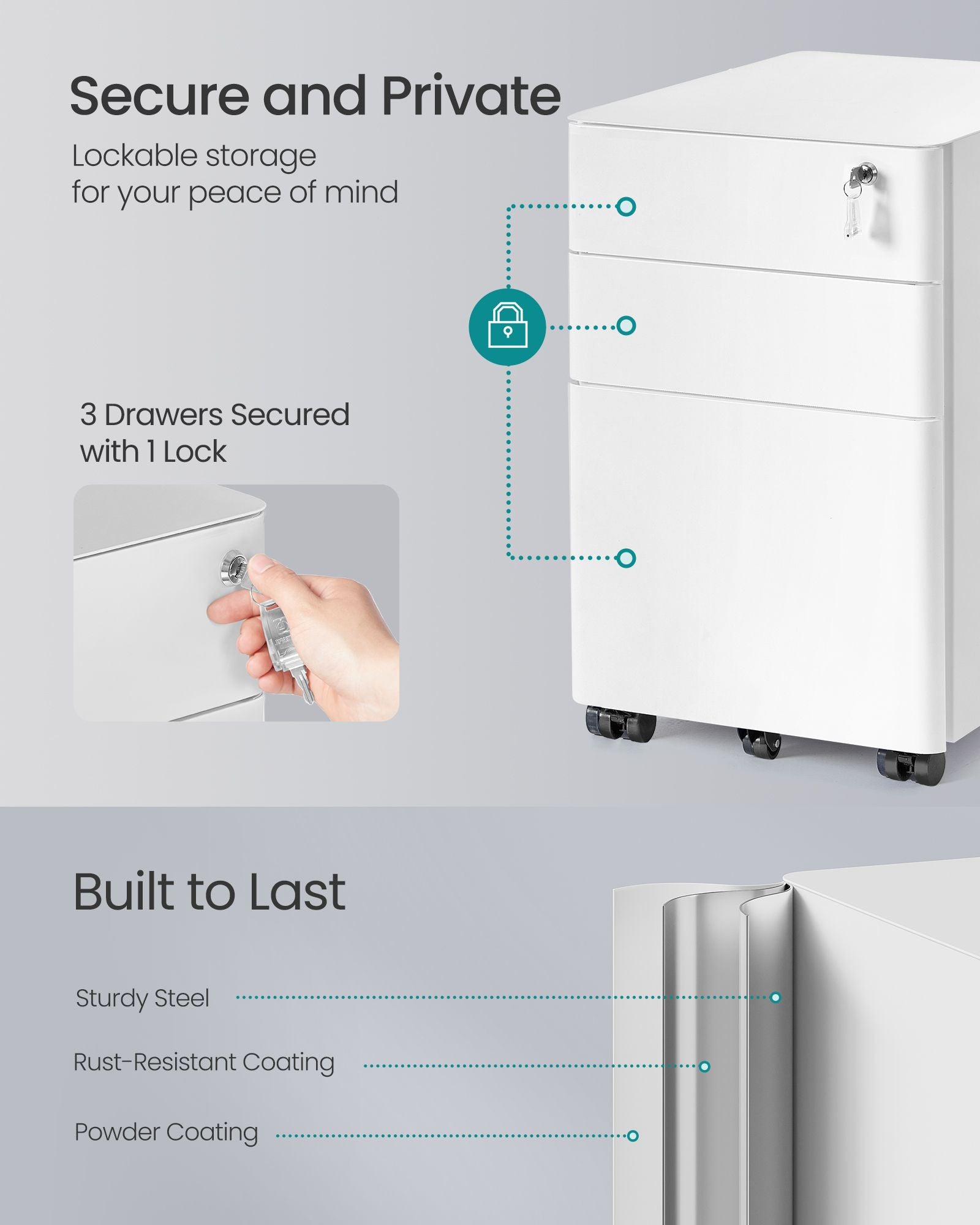 Filing Cabinet - Lockable with Drawers - Matte White - 39 x 50 x 59 cm