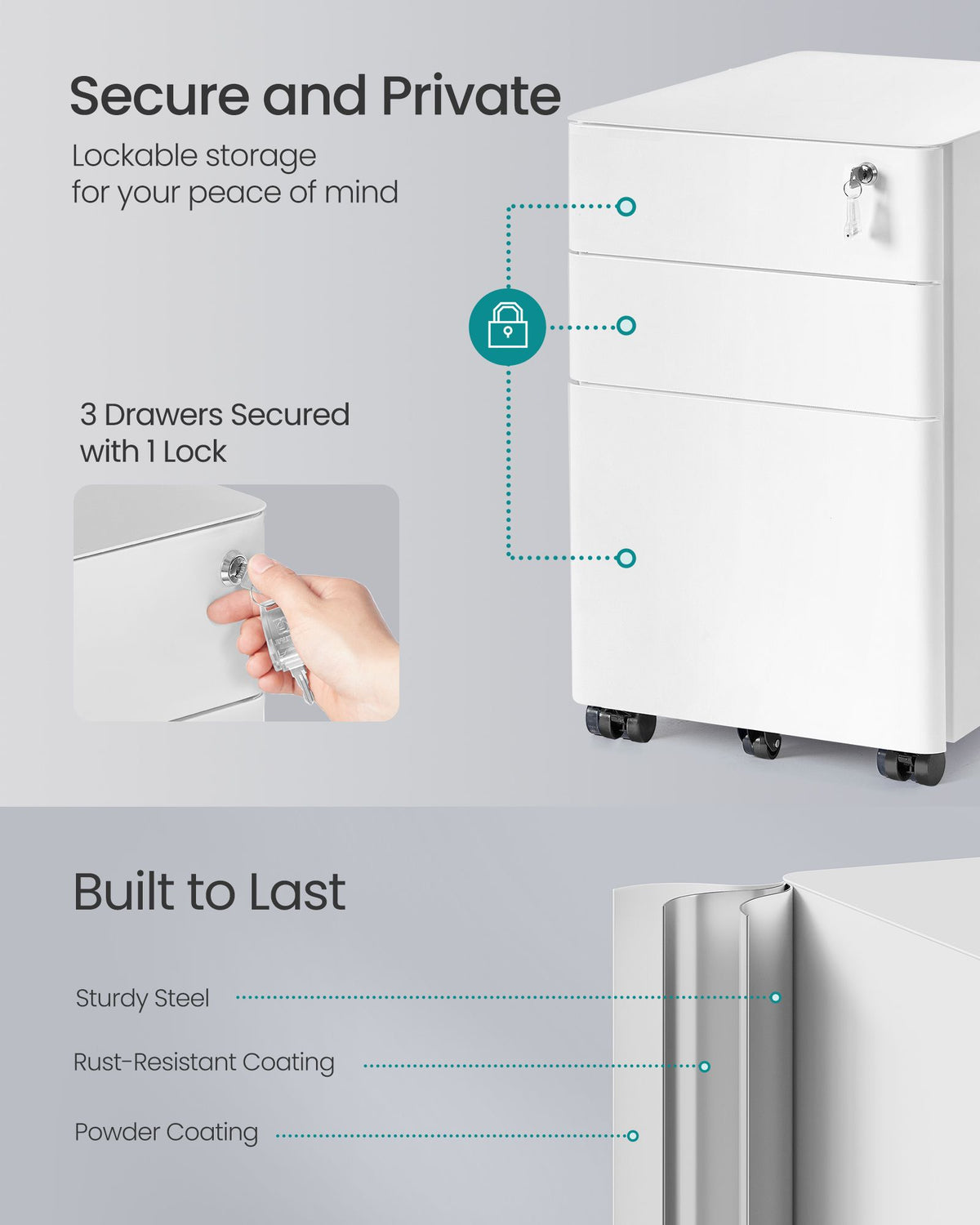 Filing Cabinet - Lockable with Drawers - Matte White - 39 x 50 x 59 cm