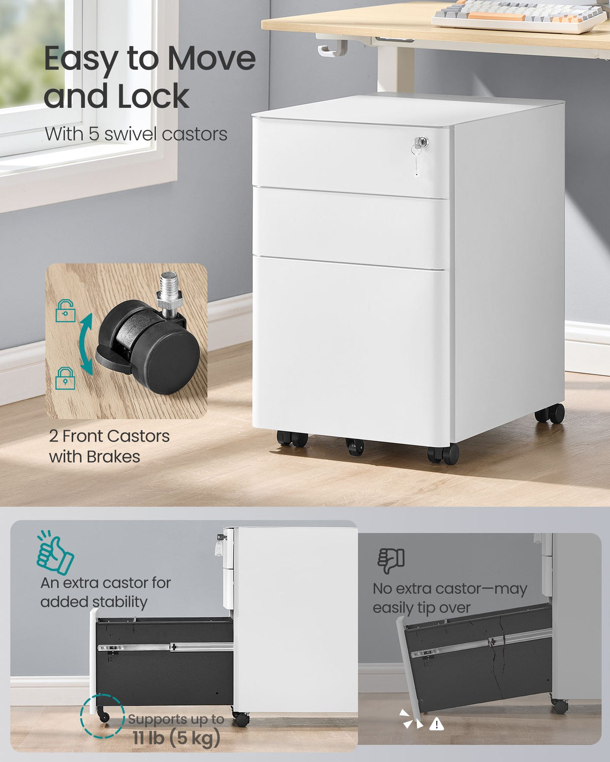 Filing Cabinet - Lockable with Drawers - Matte White - 39 x 50 x 59 cm