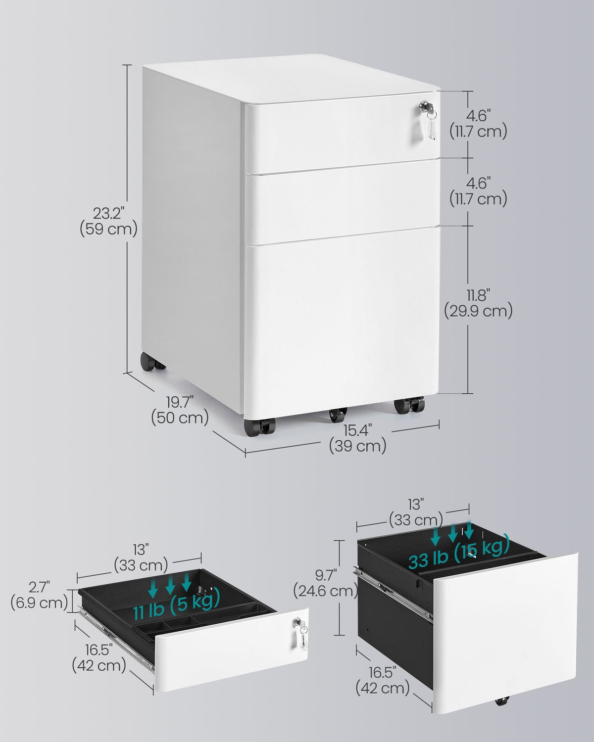 Filing Cabinet - Lockable with Drawers - Matte White - 39 x 50 x 59 cm