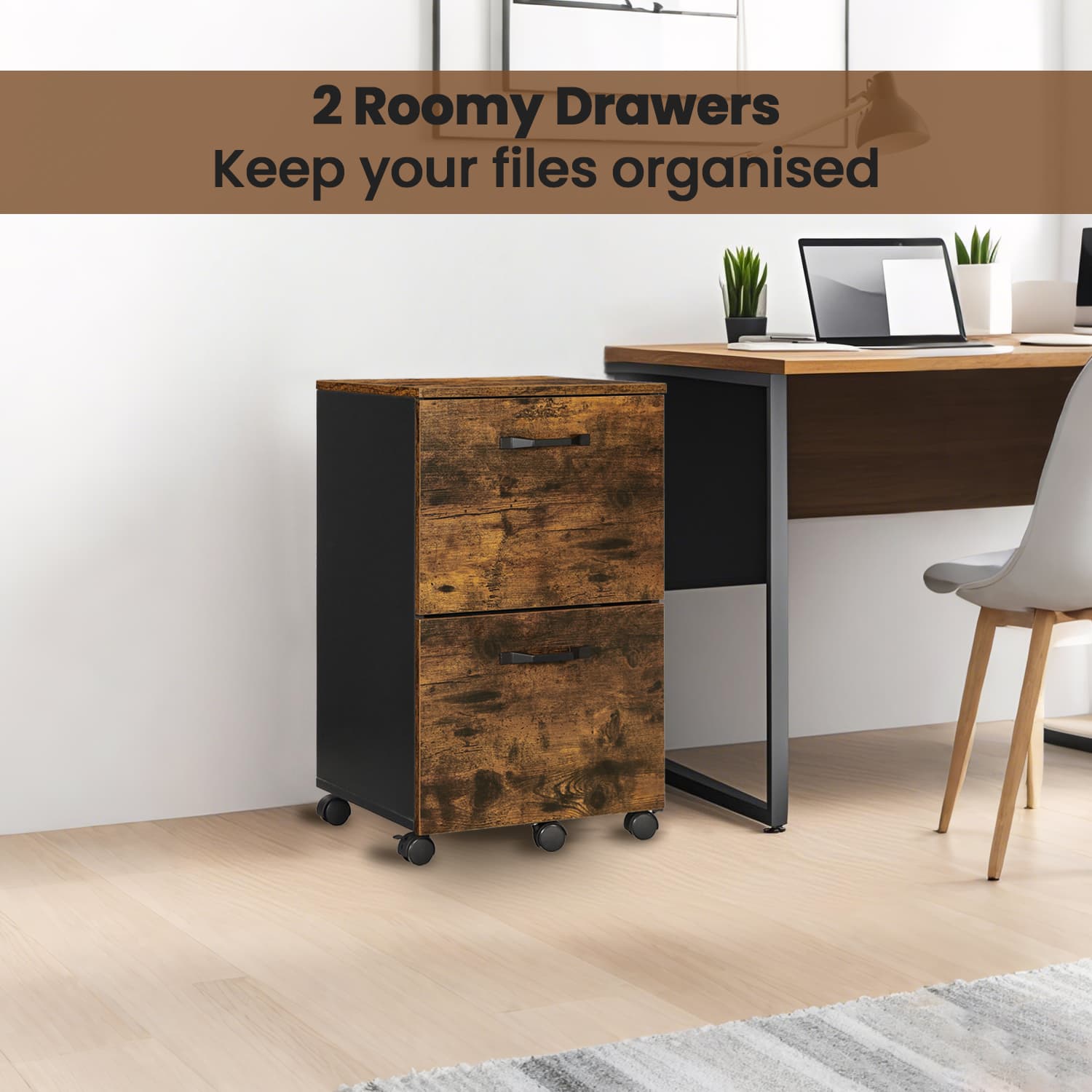 Mobile File Cabinet - Rolling with 2 Drawers - Wood - Rustic Brown and Black