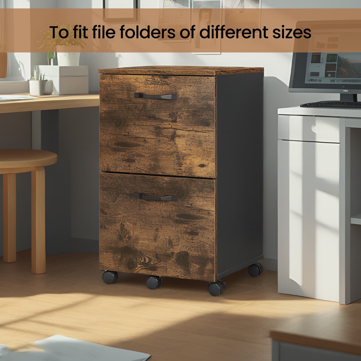 Mobile File Cabinet - Rolling with 2 Drawers - Wood - Rustic Brown and Black
