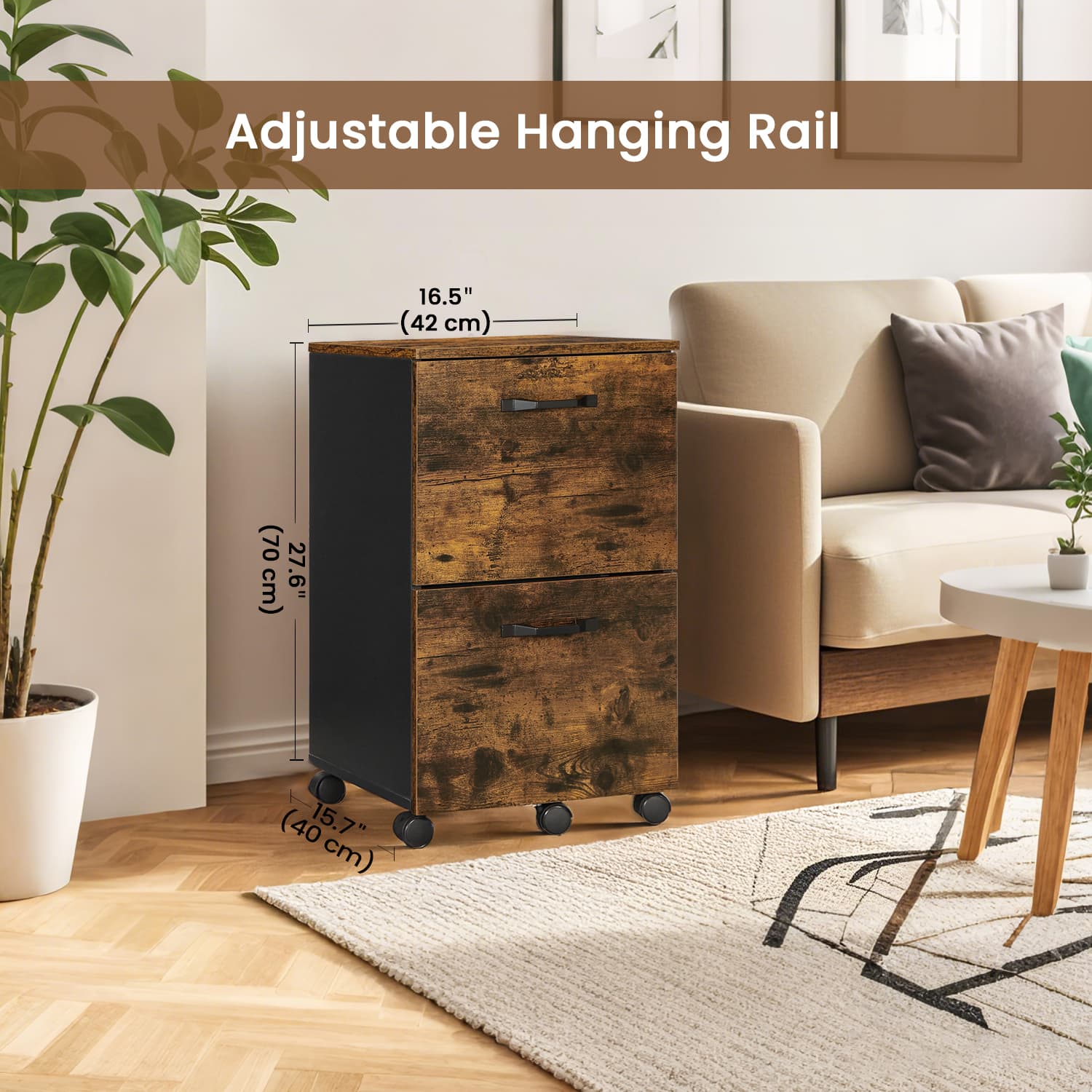 Mobile File Cabinet - Rolling with 2 Drawers - Wood - Rustic Brown and Black