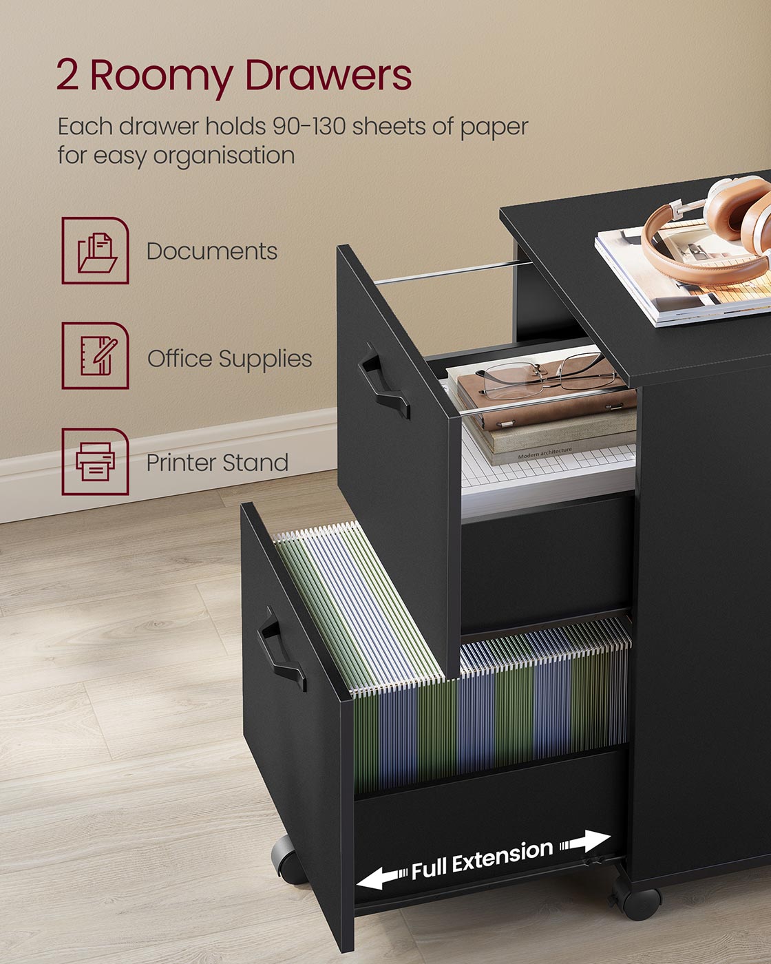 2-Drawer Filing Cabinet - Matte Black - Rolling Design for A4 and Letter-Size Files