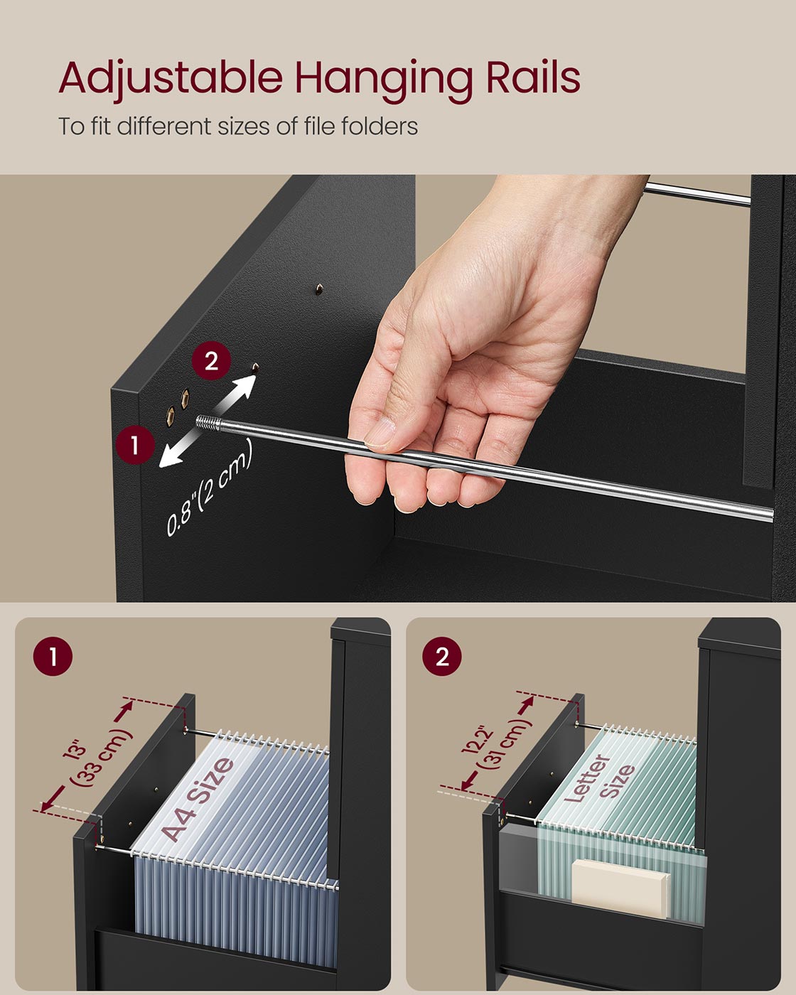 2-Drawer Filing Cabinet - Matte Black - Rolling Design for A4 and Letter-Size Files