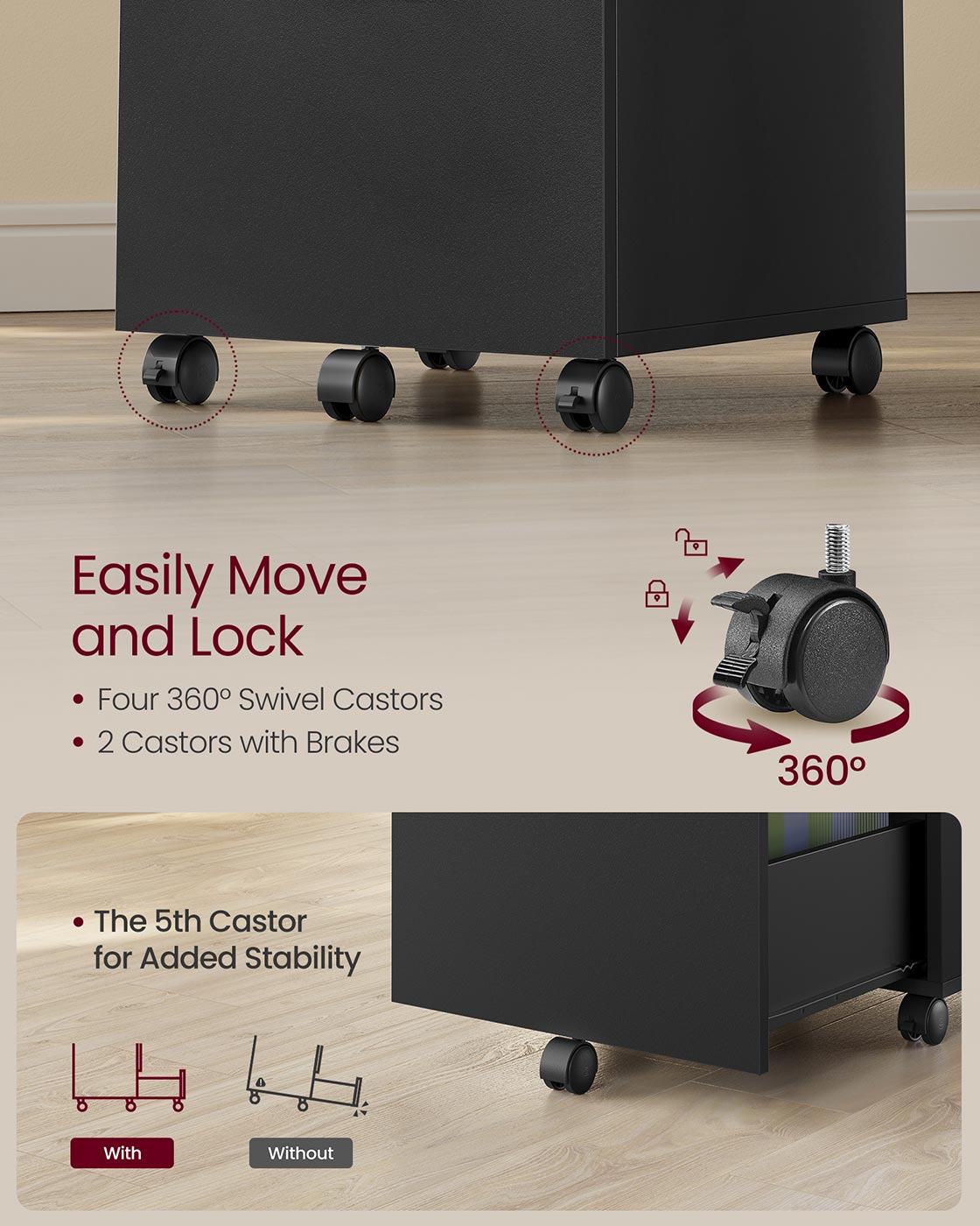 2-Drawer Filing Cabinet - Matte Black - Rolling Design for A4 and Letter-Size Files