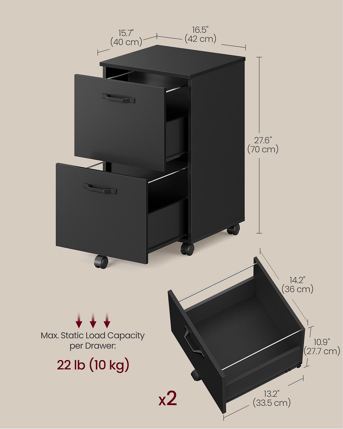 2-Drawer Filing Cabinet - Matte Black - Rolling Design for A4 and Letter-Size Files