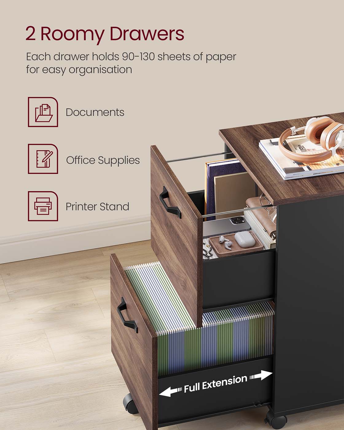 2-Drawer Filing Cabinet - Wood - Natural Walnut - Rolling Design for A4 and Letter Sized Documents