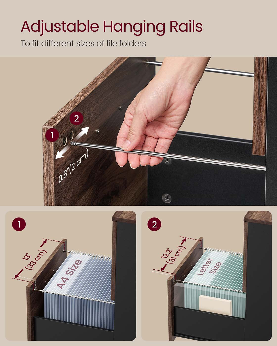 2-Drawer Filing Cabinet - Wood - Natural Walnut - Rolling Design for A4 and Letter Sized Documents