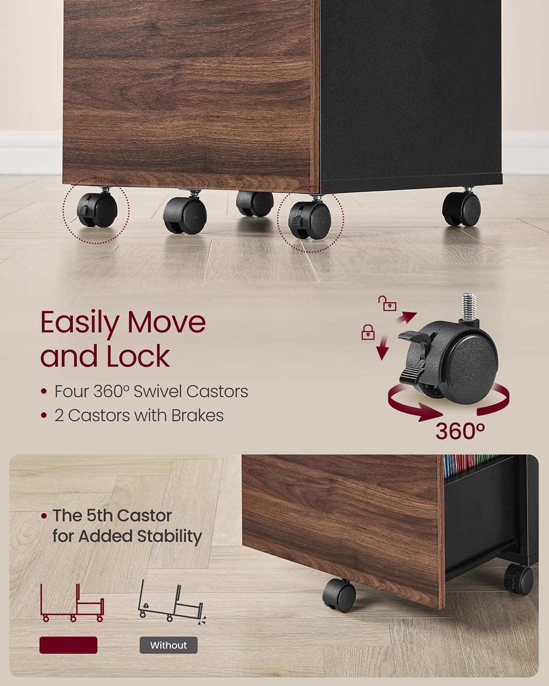 2-Drawer Filing Cabinet - Wood - Natural Walnut - Rolling Design for A4 and Letter Sized Documents