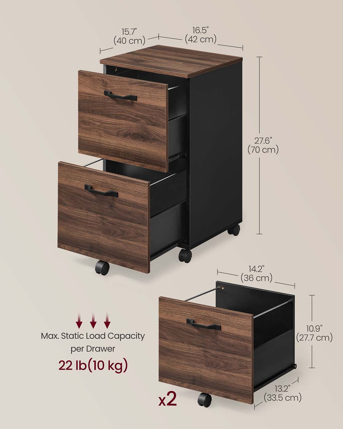 2-Drawer Filing Cabinet - Wood - Natural Walnut - Rolling Design for A4 and Letter Sized Documents